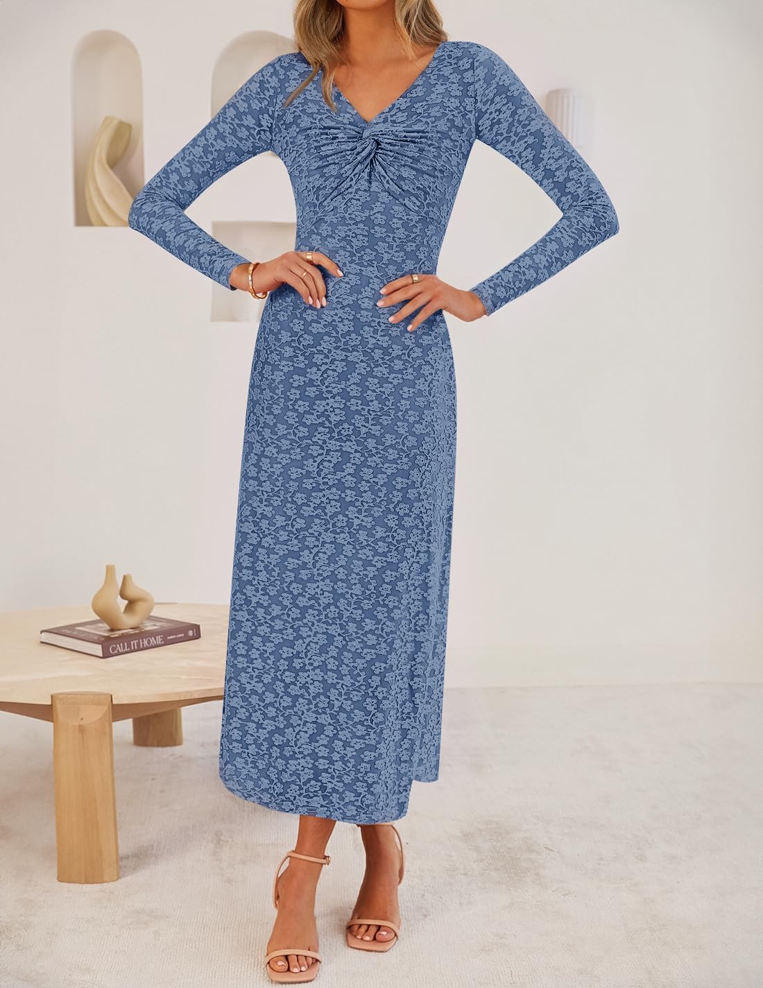 ZESICA Women's Fall Floral Long Sleeve Bodycon Dress 2026 Elegant V Neck Cocktail Party Long Midi Dresses - Image 5