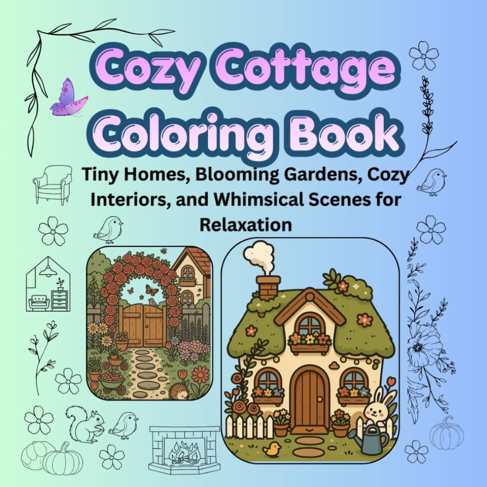 Cozy Cottage Coloring Book: Tiny Homes, Blooming Gardens, Cozy Interiors, and Whimsical Scenes for Relaxation