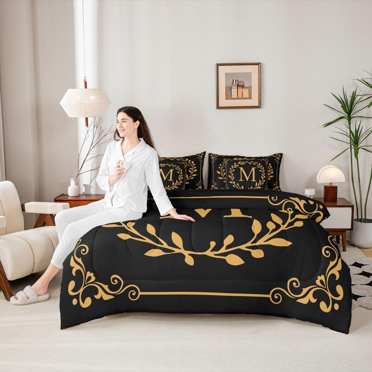 Erosebridal Initial Letter M Full Comforter Sets with Sheet Black Gold Bedding Set 7 Piece Personalized Gifts for Adult Women Teens Boho Floral Leaves Bed in A Bag Flower Retro Bedding Comforter Sets image 3