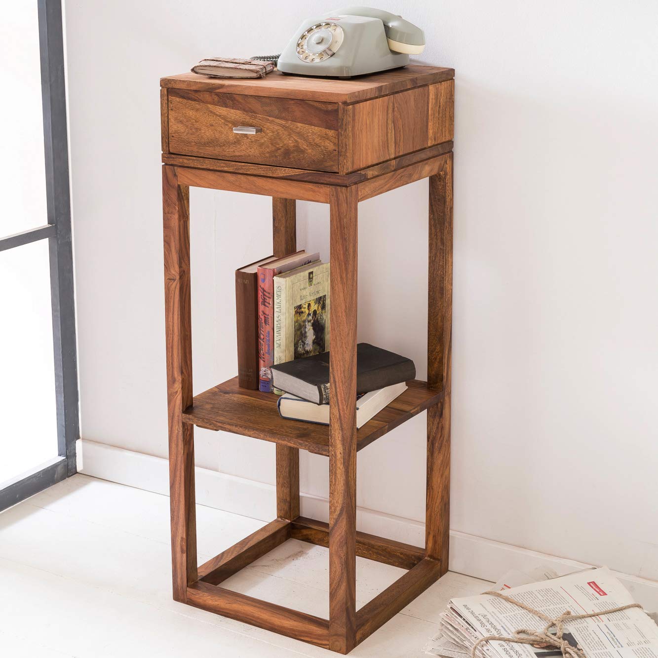 FineBuy Möbel zum Wohlfühlen Massiver Beistelltisch Sheesham PATAN Holz Massiv 90 x 35 x 35 cm, Telefontisch mit Schublade für Flur Anrichte, Moderne Konsole mit Ablage Braun