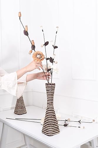 Miniatura 7 de Leewadee Jarrón grande de piso soporte para flores hecho a mano de bambú y basta, sofisticado embudo para ramas decorativas, 16 pulgadas, marrón y