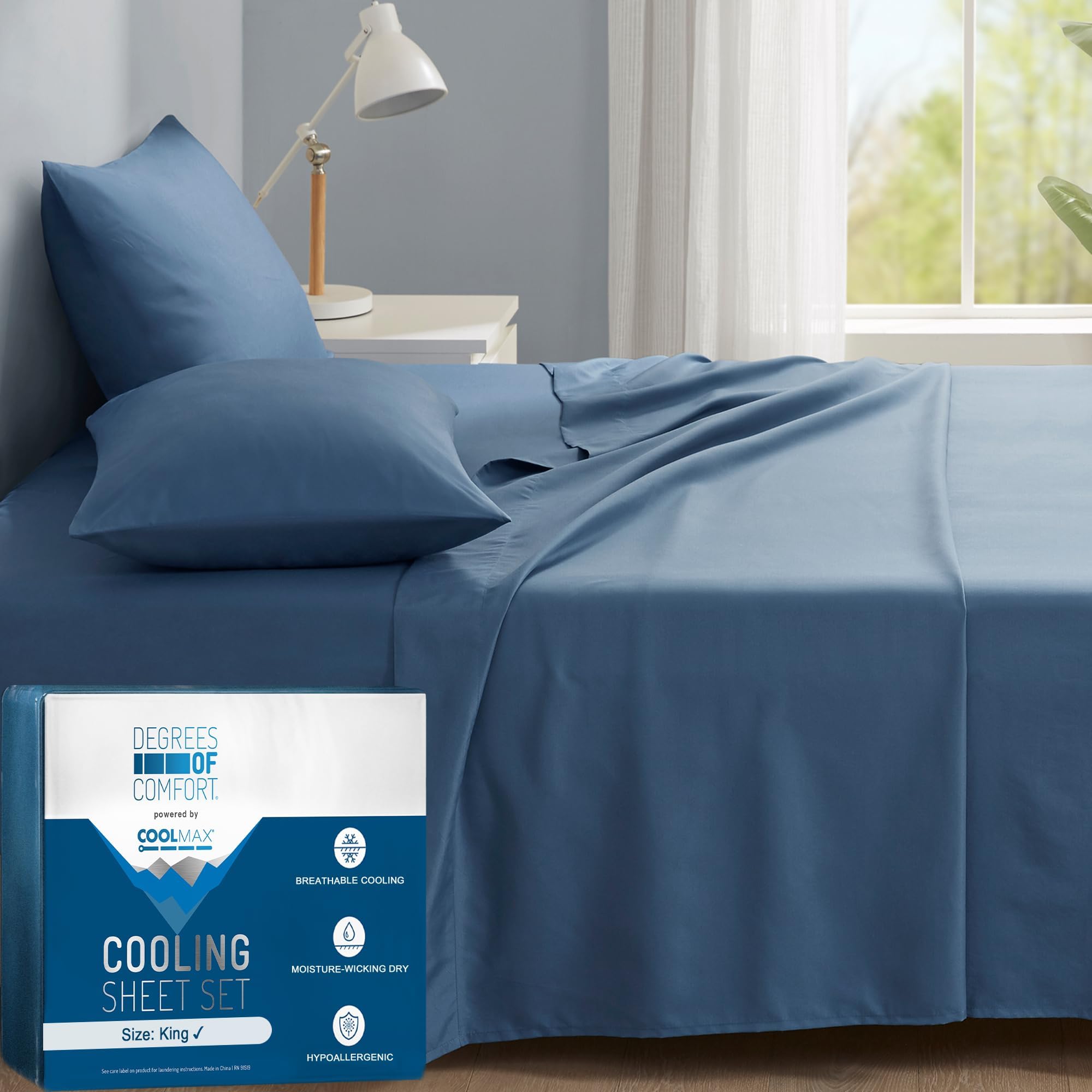 Degrees of Comfort Coolmax® Cooling Bed Sheets King Size for Hot Sleepers, Moisture Wicking Sheet Set for Night Sweats, Deep Pocket, Ultra Soft, Cozy for All Seasons, Teal 4 Pieces