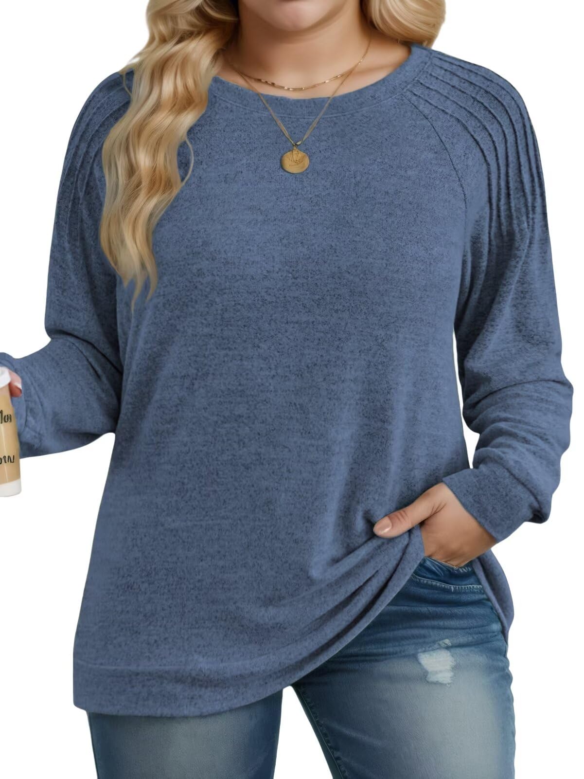 DOLNINE Plus-Size-Sweatshirts for Women Crewneck Pleated Long Sleeve Shirts Fashion Loose Fit Tunic Tops