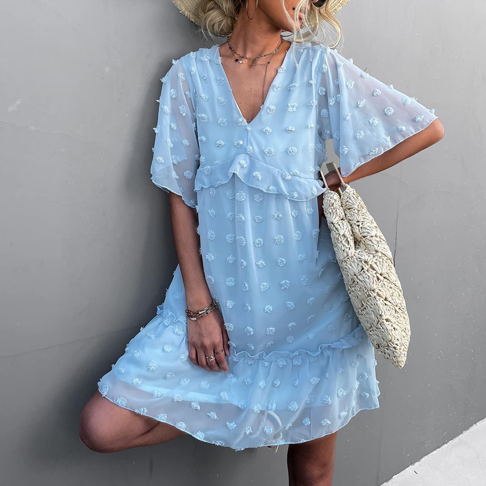 Abito da Donna Allentato con Scollo a V, Elegante Abito a Maniche Corte con Cuciture in Pizzo a Strati Abito Allentato in Stile Casual per Abbigliamento Estivo, Abito Estivo a Pois con(M-Azzurro)