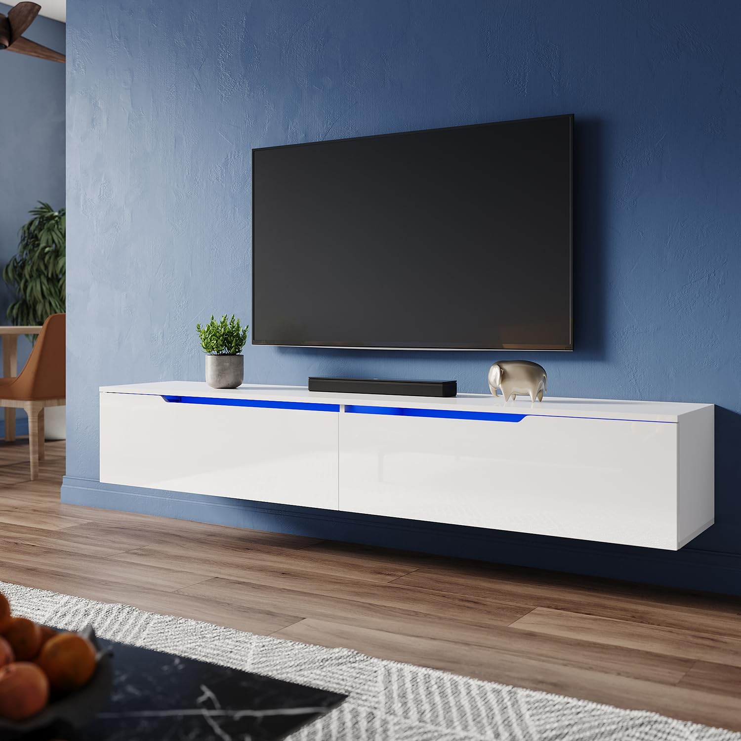 ZANOFIRA Floating TV Unit Stand with RGB LED Lighted, High Gloss TV Stand with 2 Large Pull-Down Door, Modern Wall Mounted TV Cabinet for Living Room, 1800x350x300mm, White — image 1