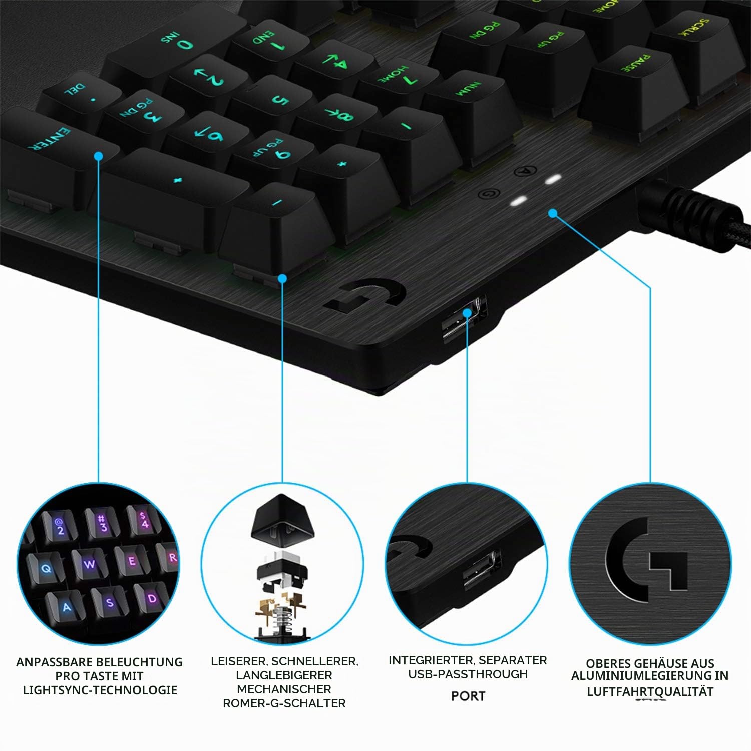 Logitech G512 mechanische Gaming-Tastatur GX-Blue Clicky Switches LIGHTSYNC RGB Aluminium-Gehäuse Skandinavisches Layout Schwarz