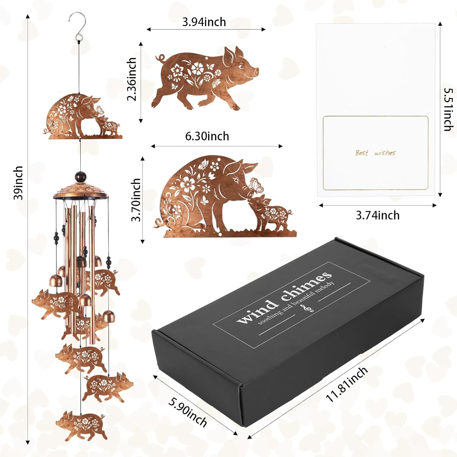 Wind Chimes for Outside, Pig Gifts for Women Men, Memorial Wind Chimes with 4 Aluminum Tubes, Farmhouse Decor for Garden Patio Porch, Includes Card & Box