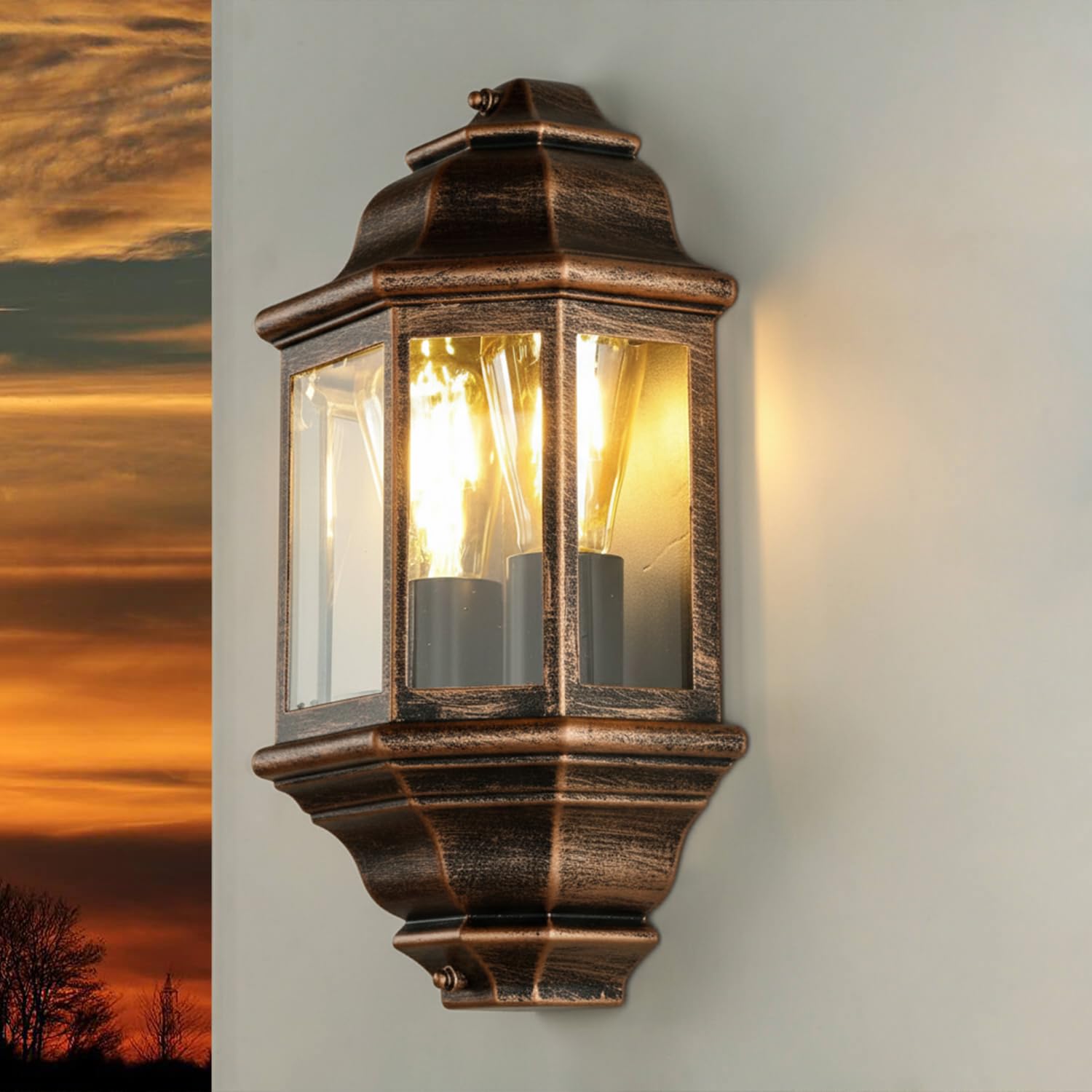 Lampada da parete per esterni Rustica, Rame antico, Lampada da esterno in stile marittimo, Lampada da nave, IP44, E27, 2 luci, H:38 cm, nostalgica, cortile, porta d'ingresso, lampada da cantina Antica