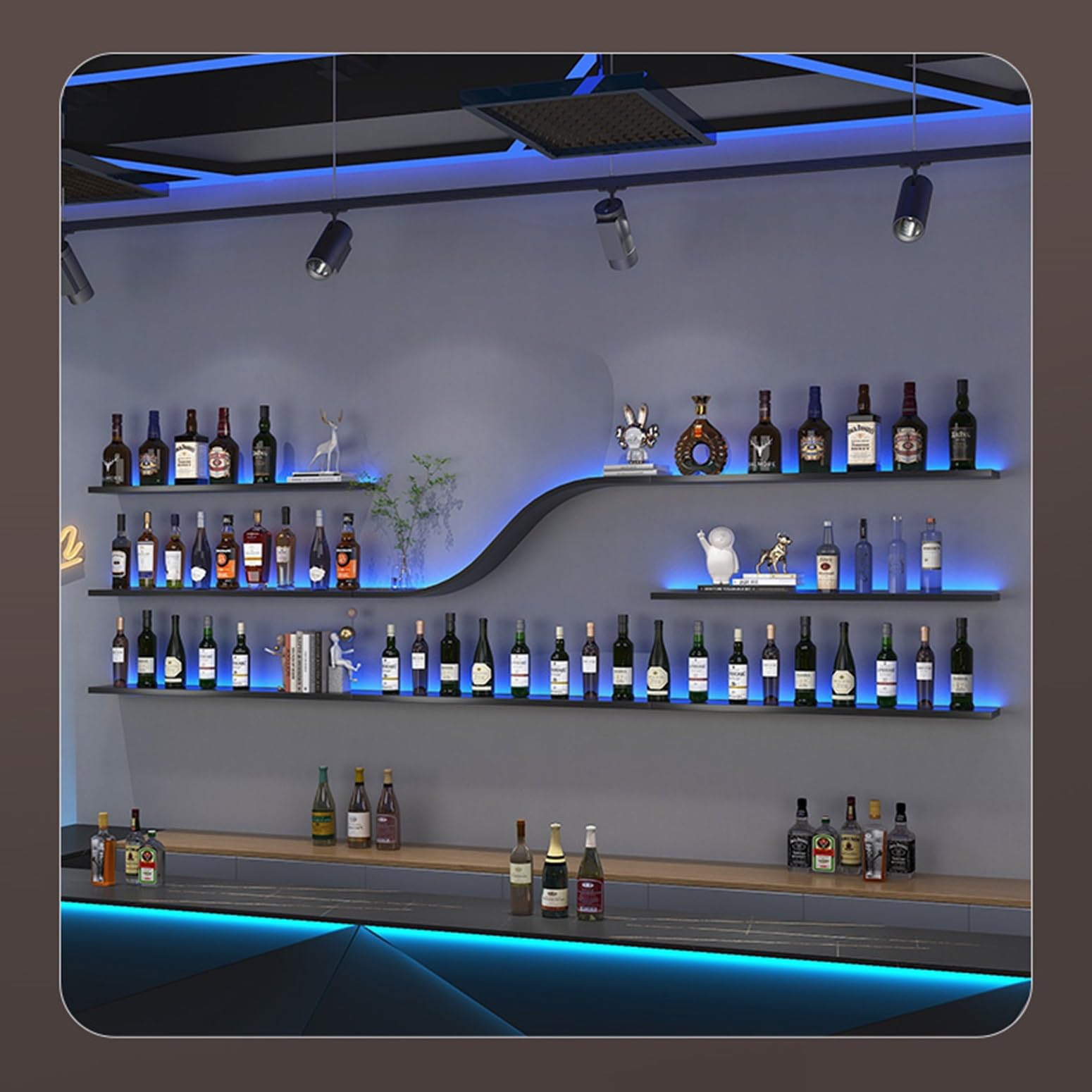 Estante de Vino Montado en la Pared para Botellas, Soporte para Botellas de Vino en la Pared en Metal, Botellero Almacenamiento Multifuncional, Para Bar Restaurante Club(100*20cm/39.4*7.9in)