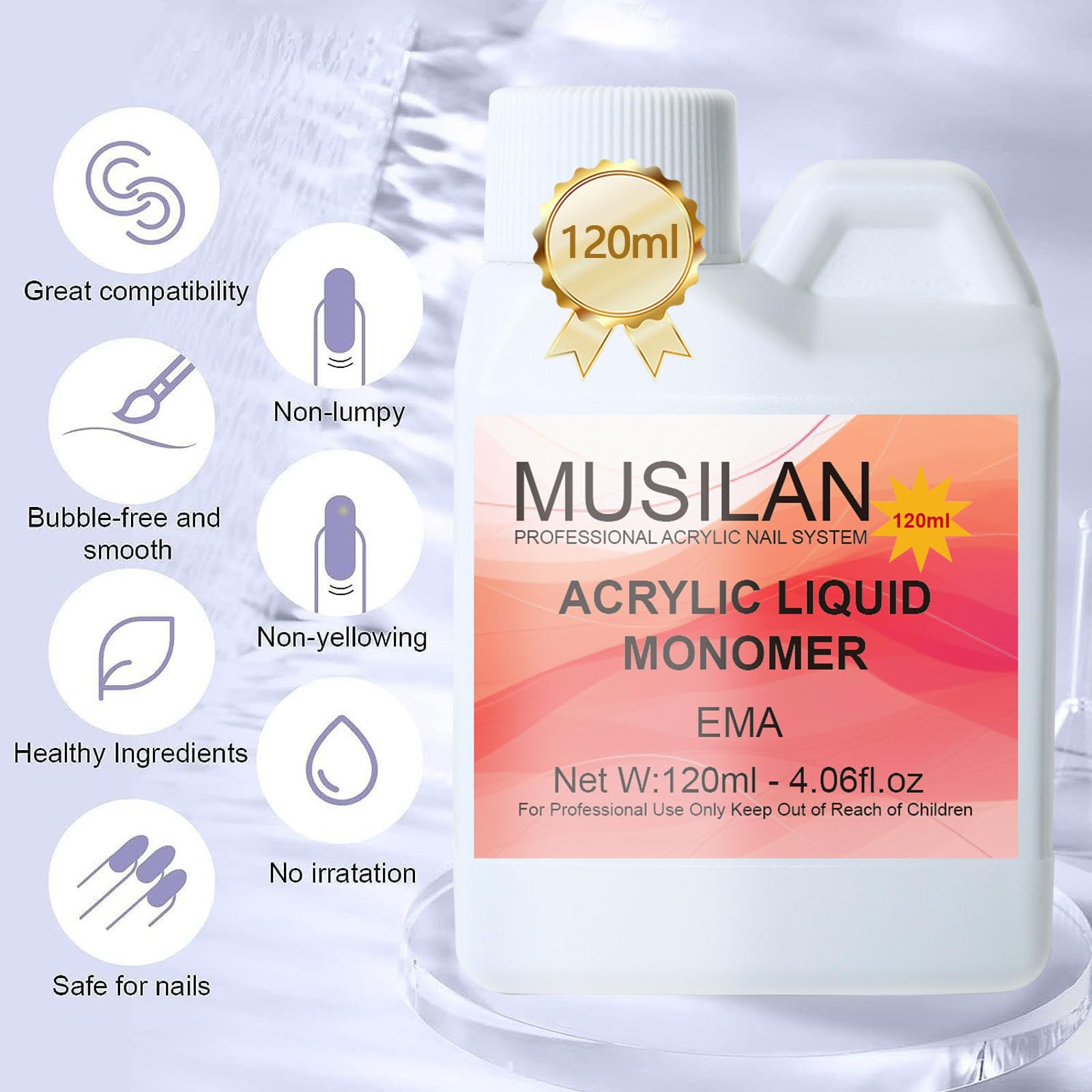 MUSILAN Płyn akrylowy do paznokci, 120 ml, monomer EMA, akrylowy płyn do paznokci akrylowych, super mocny, nieżółknący, zestaw do stylizacji paznokci dla początkujących i studyjnych