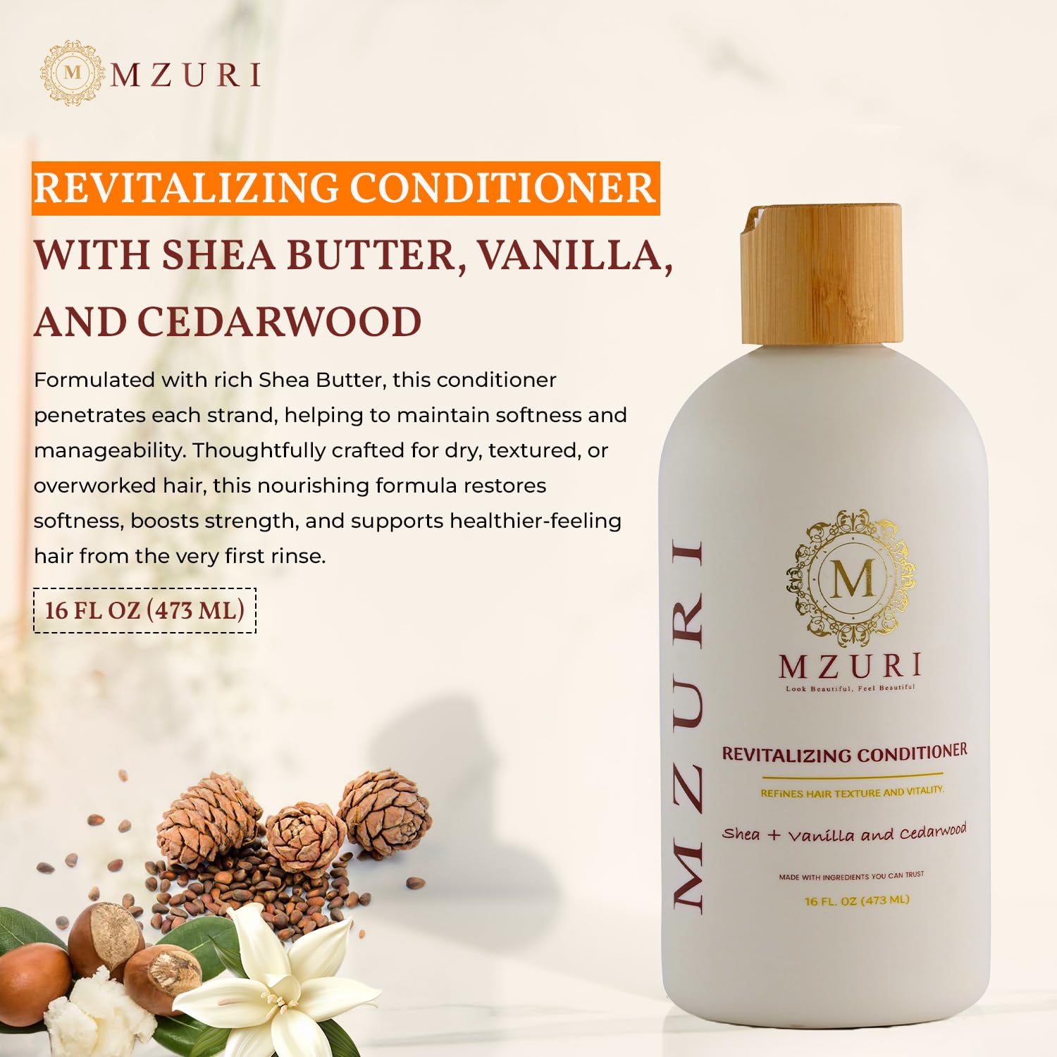 MZURI Revitalizing Conditioner with Shea Butter, Vanilla, & Cedarwood, Moisturizing, Hydrating, and Deep Conditioning Treatment for Frizzy, Dry, Hair, Restorative Leave-In Formula - 16 Fl. Oz