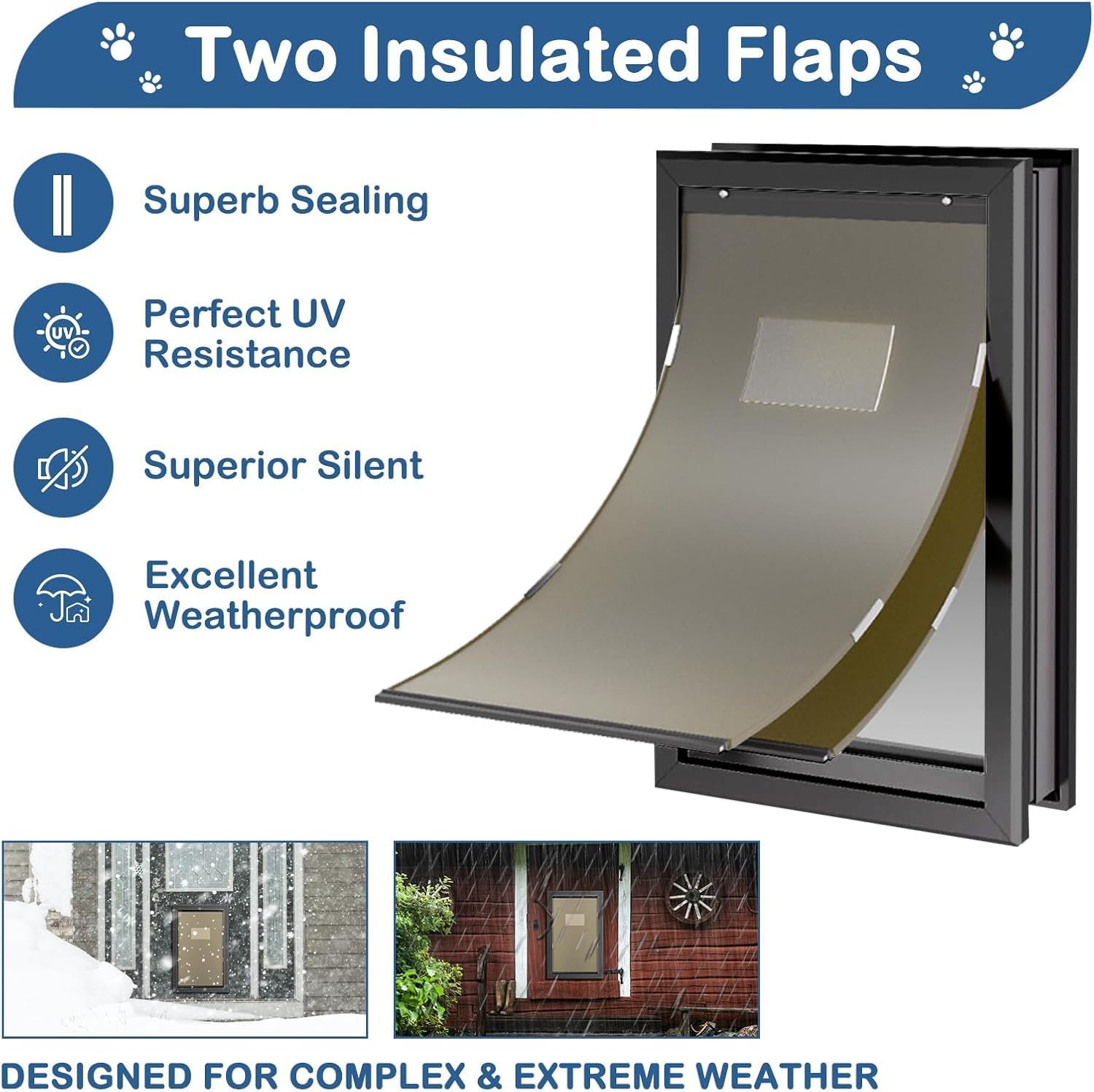 extra large dog door, xl dog door with 2 self-closing insulated flaps for extreme weather, heavy duty aluminum xxl dogs doors for pets up to 230lbs, for interior & exterior doors, x-large, black black-2 flaps extra large for door