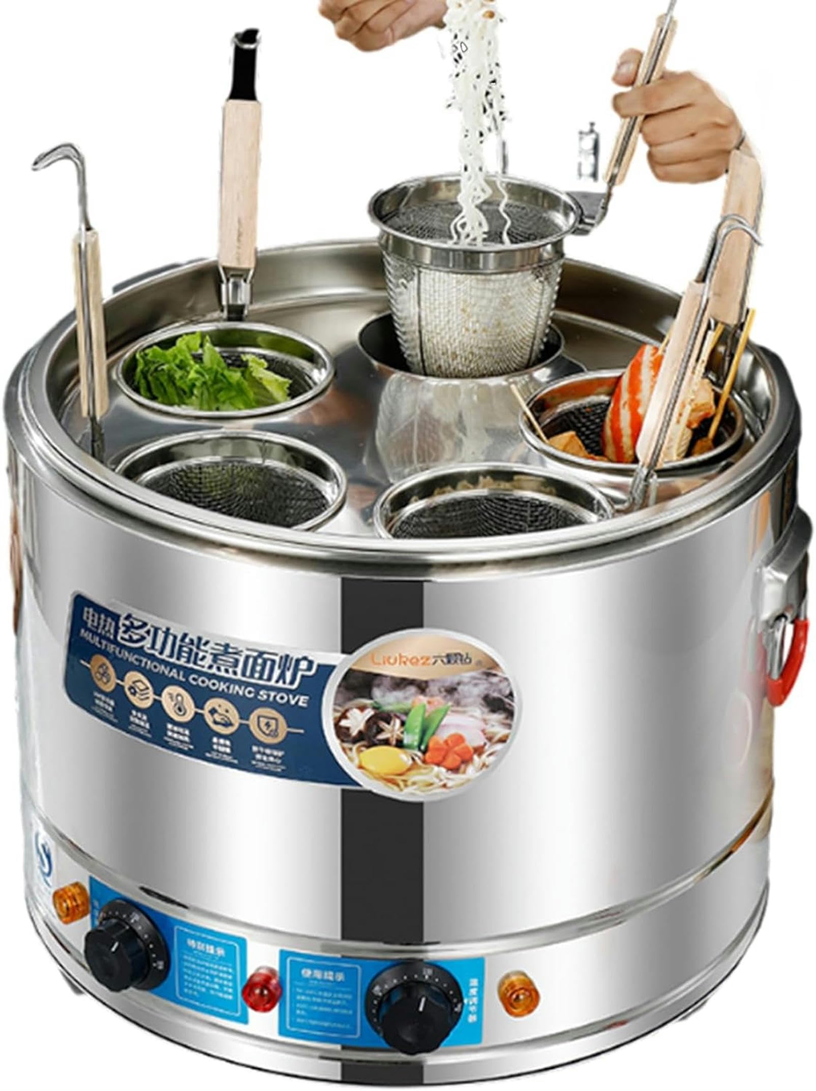 Cuiseur à pâtes commercial, cuiseur à nouilles électrique 3800 W à économie d'énergie, chauffage rapide par le bas avec 4 paniers pour restaurant, cuisson de boulettes de légumes 0-200 ℃ températ