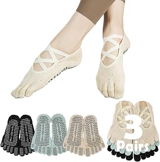 Calcetines antideslizantes para Pilates para mujer, 5 dedos, calcetines de yoga con agarre y correas antideslizantes, 3 pares, Amarillo Claro + Verde Claro + Negro, Talla única