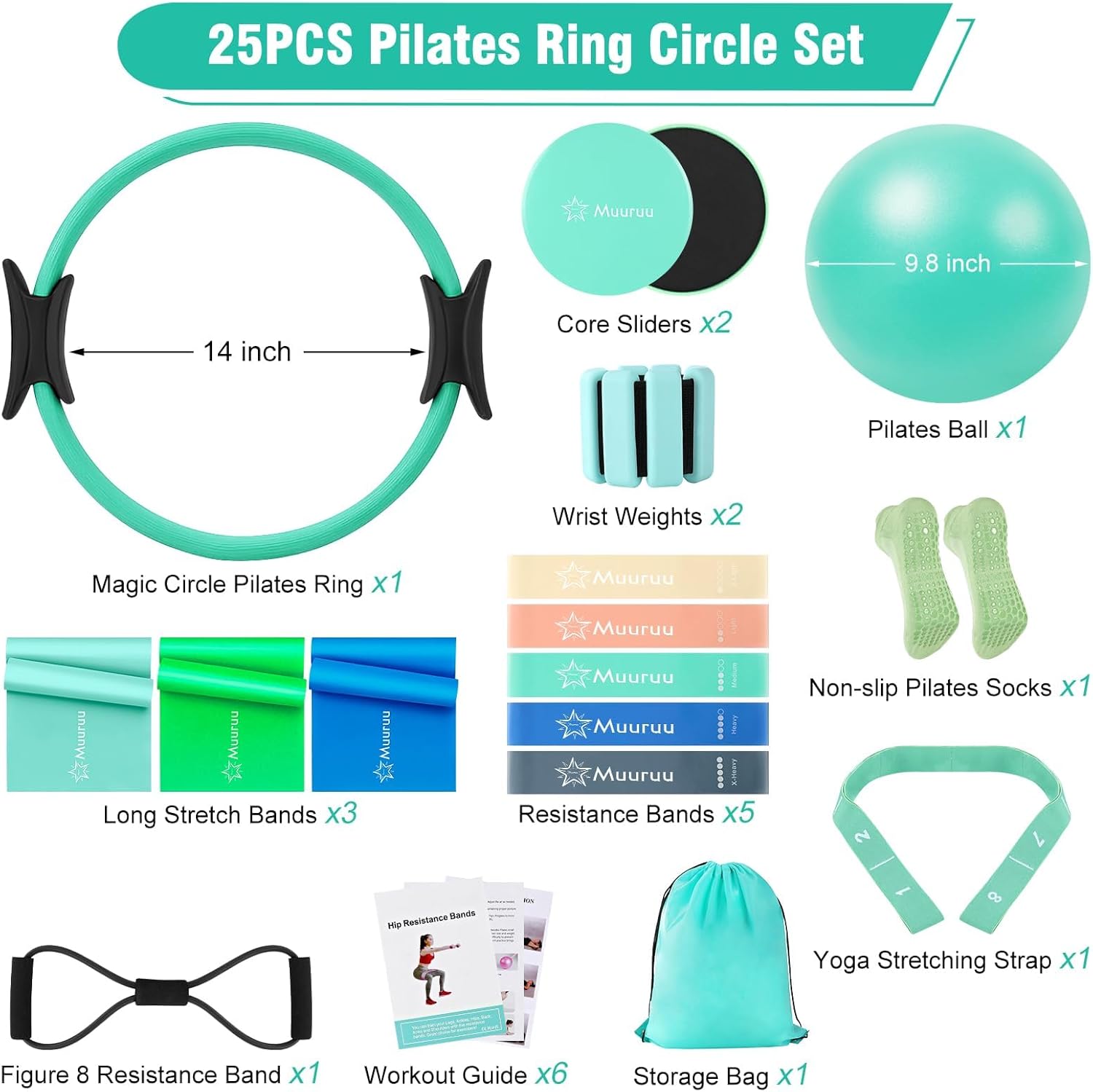 Pilates Equipment Kit for Home Workout, Pilates Ring and Ball Set for Women, 14'' Magic Circle Essentials Accessories Kit with Wrist Weights, Resistance Bands, Yoga Strap, Core Sliders, Socks, Bag - Image 2
