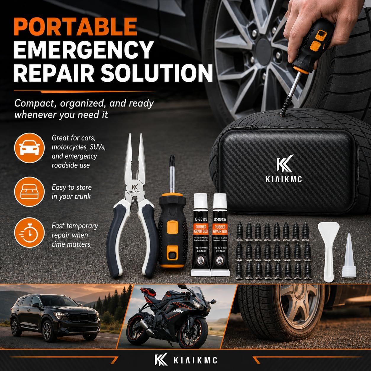 Tire Repair Screws Kit, Screw in Tire Plugs for Emergency Puncture Repair, Rubber Nail Screw in Tire Plug Kit with Pliers, Screwdriver & Rubber Cement for Tubeless Tires