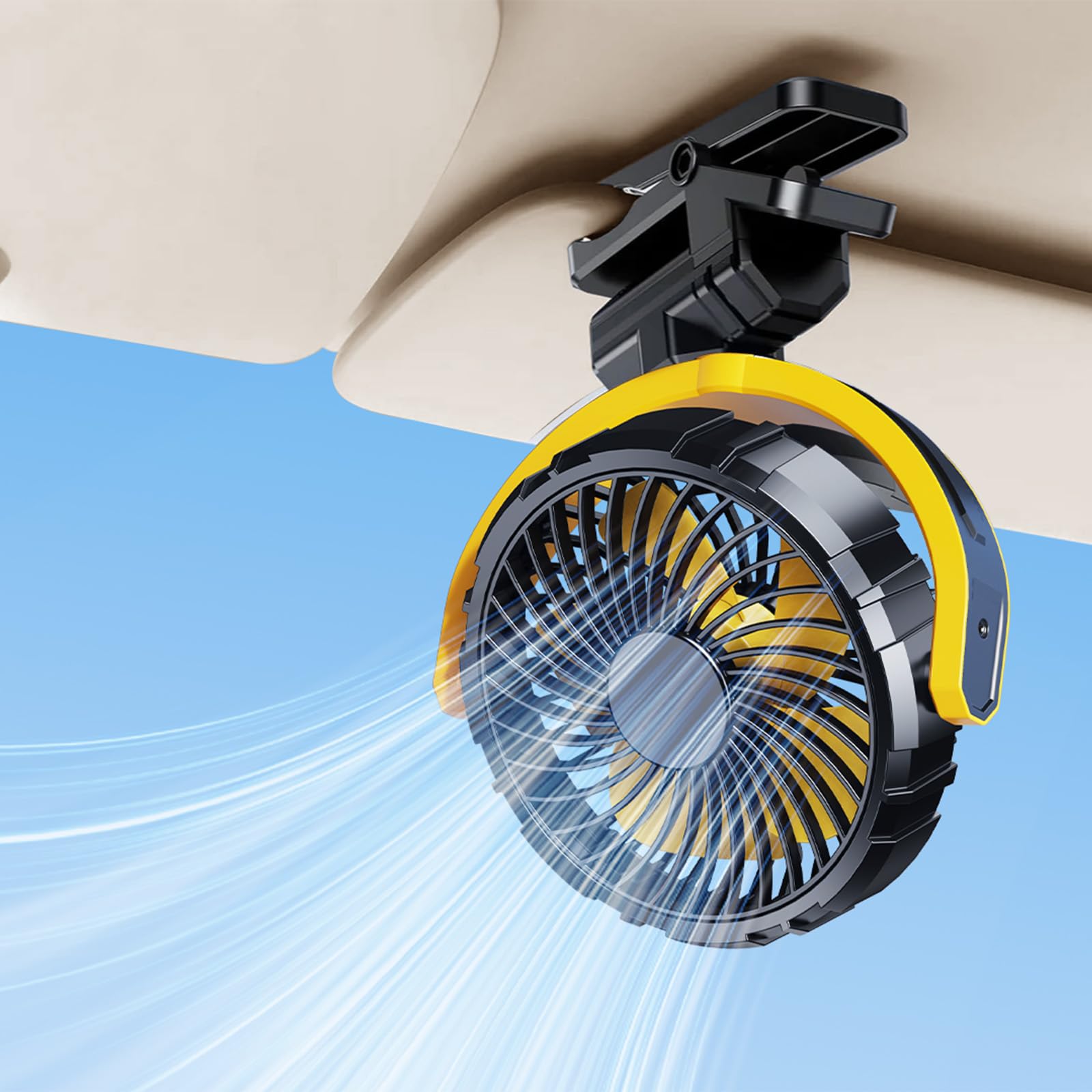 Auto Clip Ventilator mit Akku,USB C Aufladbar Leise Fan Portable Klein Klemmventilator,360° Verstellbar 3 Stufen Stark Autositz Lüfter für Car, SUV, PKW, LKW, Wohnmobil, Pickup, Van(Gelb)