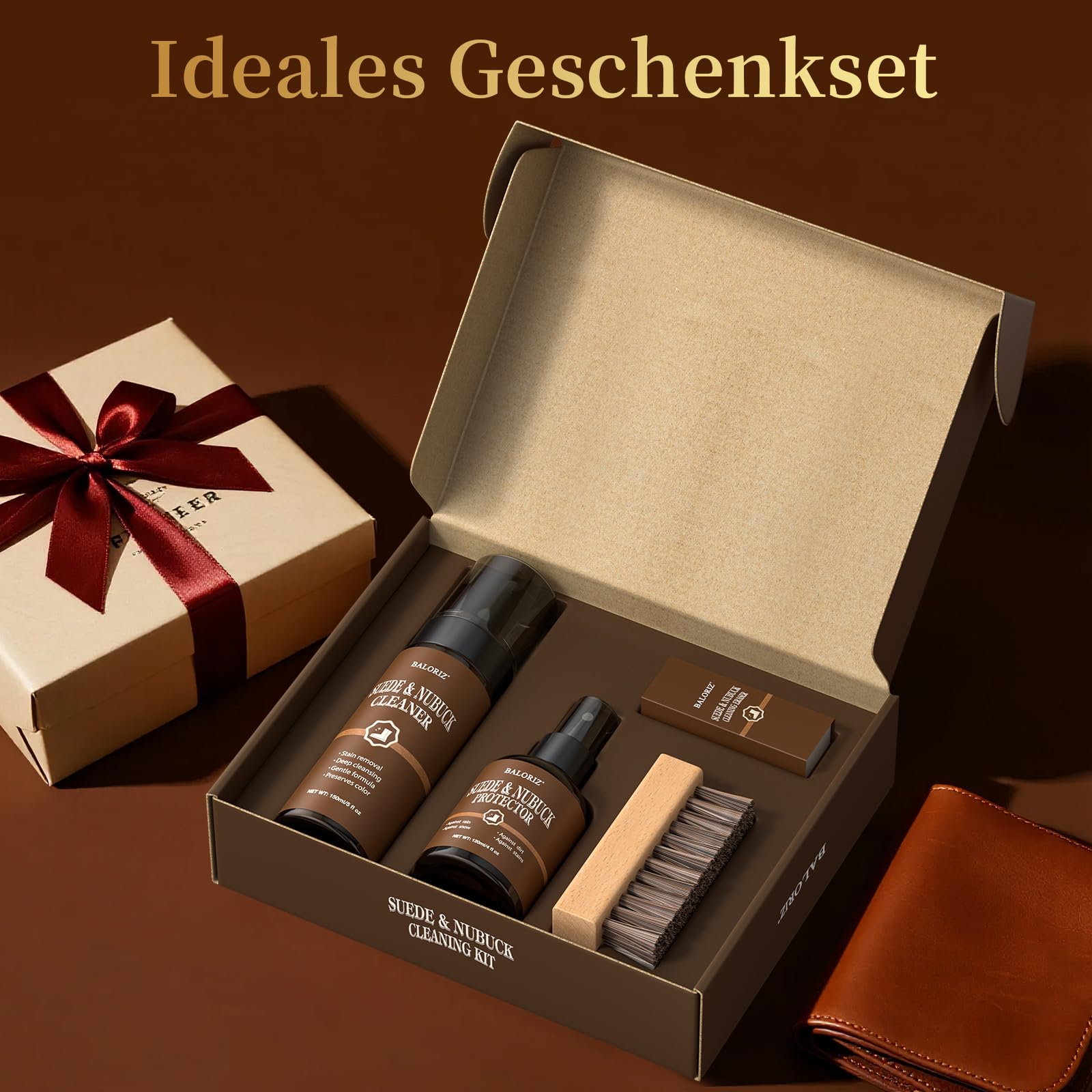Wildleder- und Nubuk-Pflegeset: Reiniger, Schutz, Wildlederbürste und -radierer: Reinigen, schützen und restaurieren Sie Schuhe, Stiefel, Uggs, Möbel, Jacken, Taschen und Kleidung. Sicher für jede Far