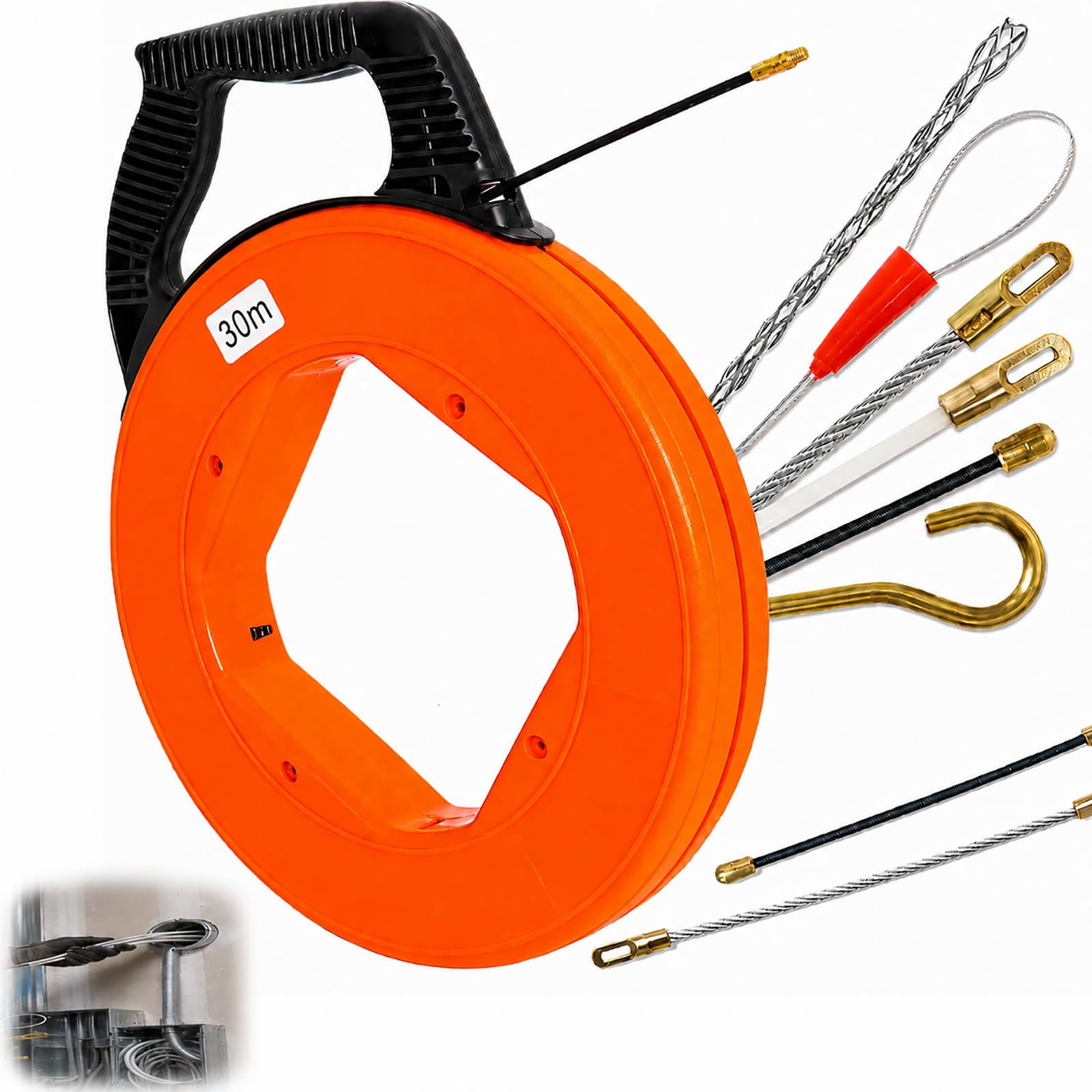 Gekufa Sonda Passacavi Cavo da 30 m, 4 mm, Sonda Tiracavi con 6 adattatori, filo di trazione con alloggiamento in plastica e maniglia, molla di estrazione per la posa dei cavi (arancione)