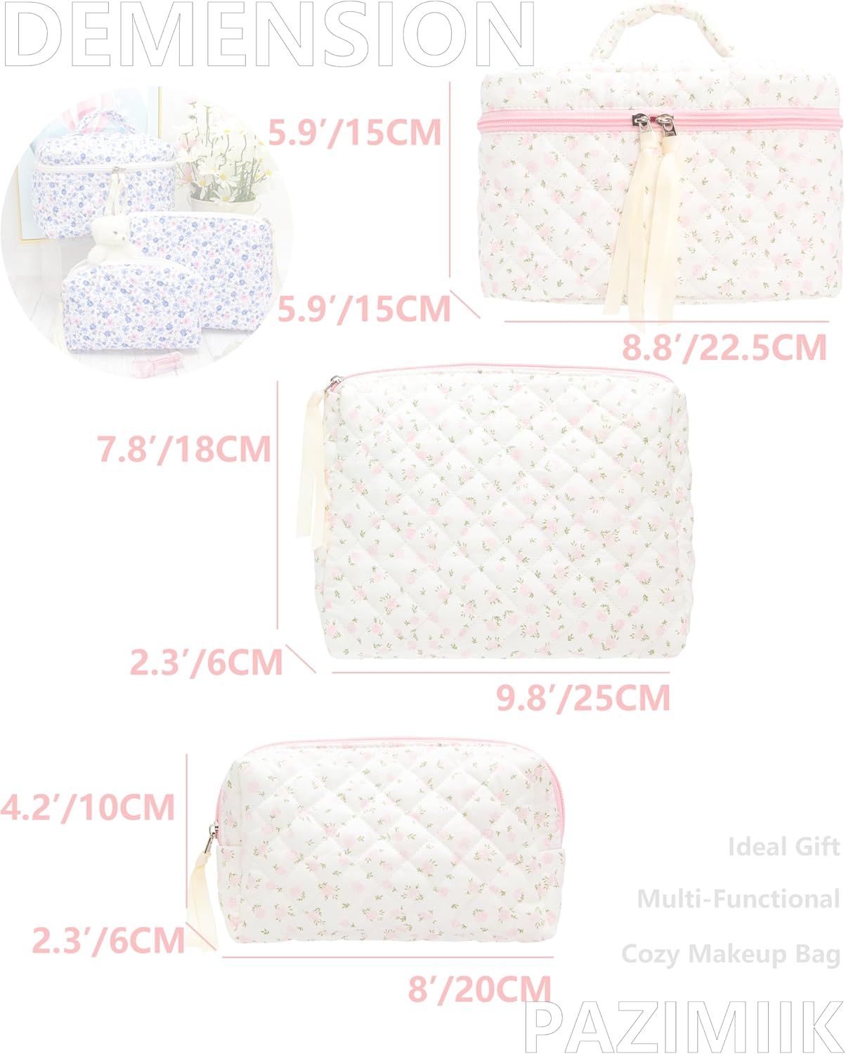 3PCS Makeup Bag SET Large Travel Quilted Zipper Soft Cosmetic Case Pouch for Women Girls Make Up,Little Flower Pink - Image 3