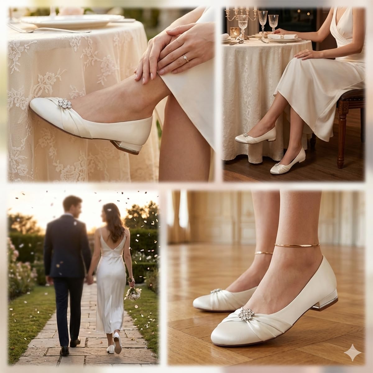 Bailarinas de Raso Plisado para Mujer Planas, Zapatos Elegantes con Broche de Brillantes, Zapatos de Boda o Oficina para Fiesta y Eventos Especiales