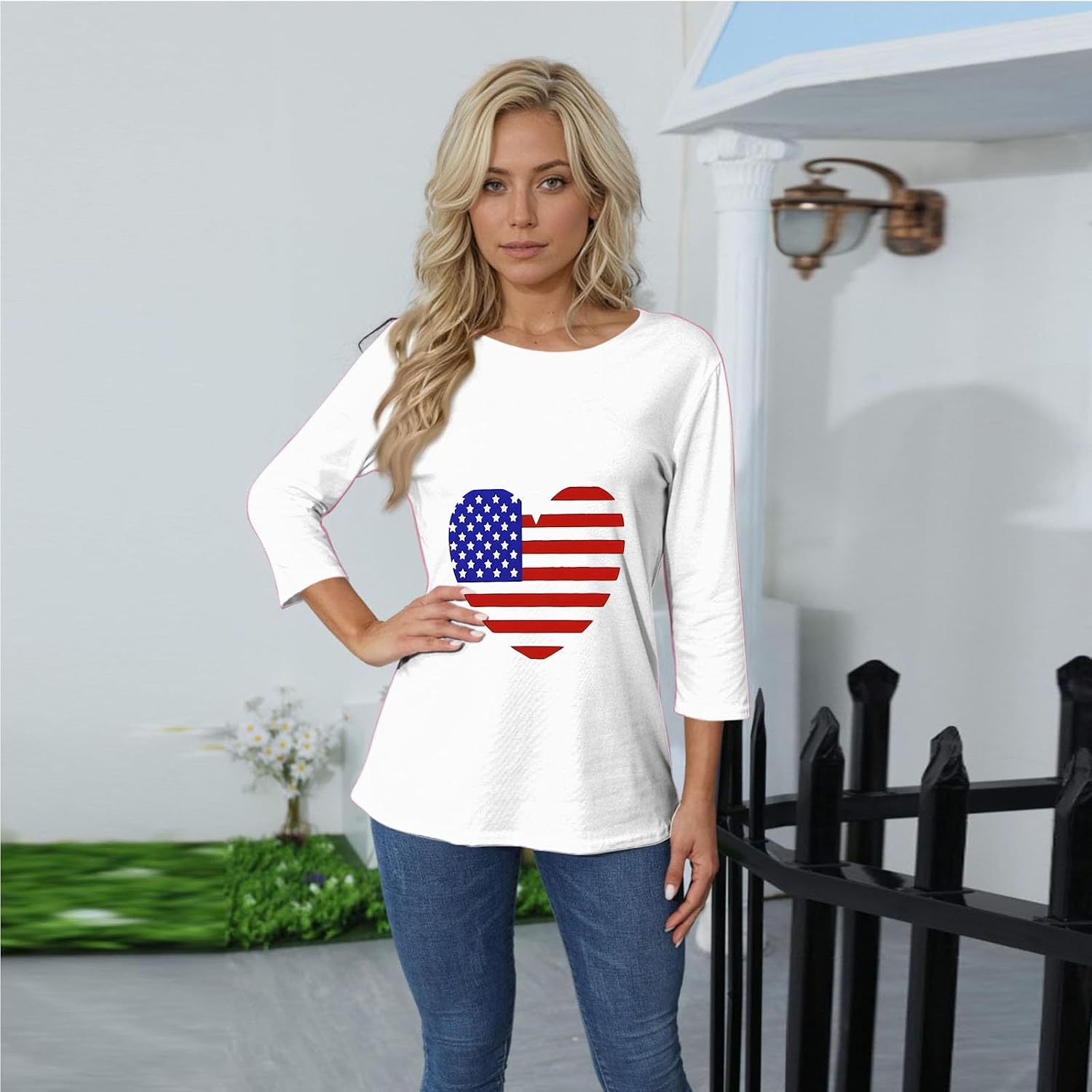Women's American Flag Shirt, 3/4 Sleeve Crewneck Tshirt, Casual Patriotic Blouses, S-3XL