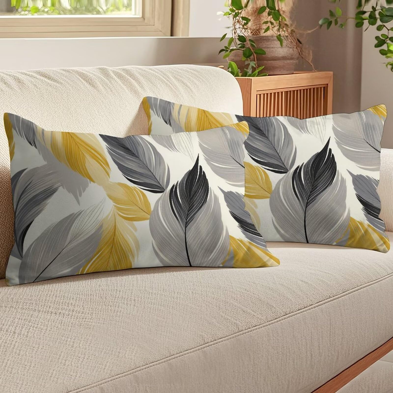 2et Set Kissenbezug 40x80 cm Dekokissen Sofakissen Outdoor Kissen Grau Kissenbezüge Kissenhüllen Dekorative Couchkissen Blatt Zierkissenbezüge mit Verstecktem Reißverschluss für Sofa Couch (XY303)