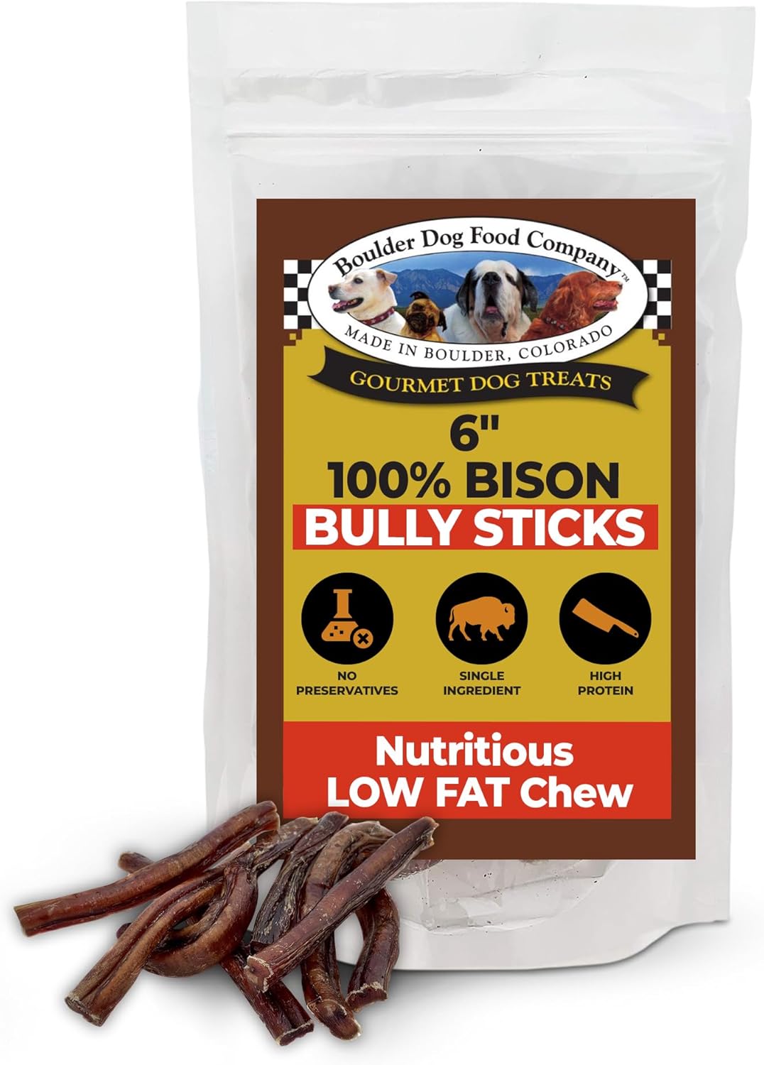 Boulder Dog Food Company Bison Chews, 4 Inches (7 oz) - Bully Sticks Made in USA, No Hide Chews, Grain Free Treats, Healthy Treats, Odor Free, Pizzle Sticks for Dogs