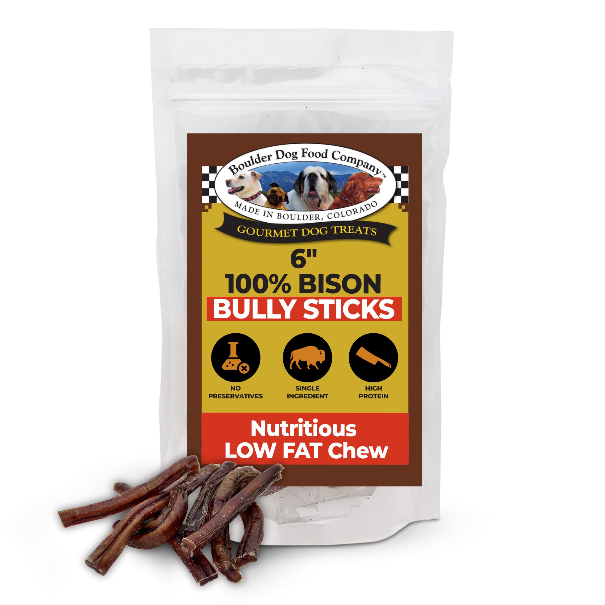 Boulder Dog Food Company Bison Chews, 6 Inches (10 oz) - Bully Sticks for Dogs Made in USA, No Hide Dog Chews, Grain Free Dog Treats, Bully Sticks