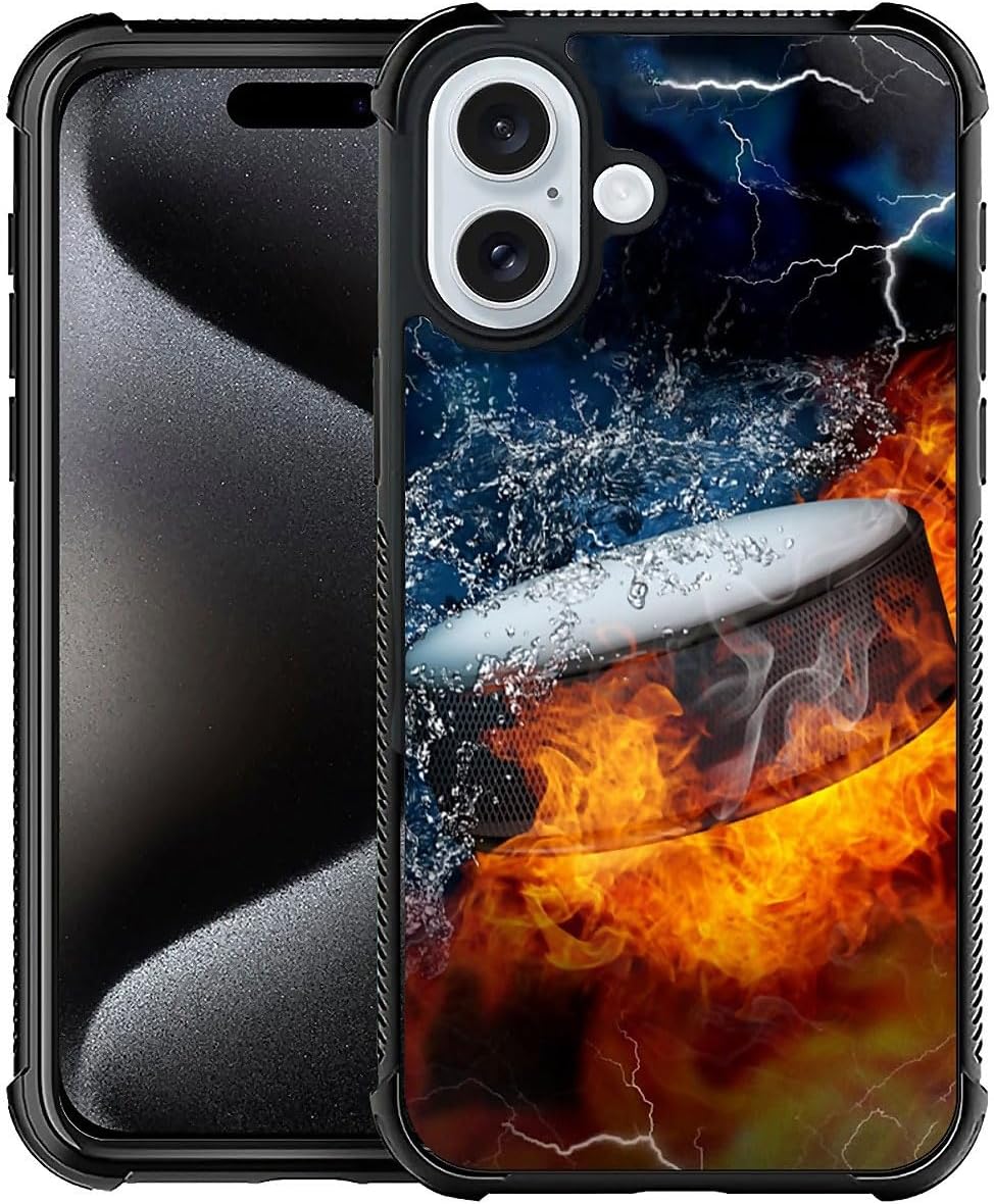 DAIZAG Case Compatible with iPhone 16,Shockproof Soft Phone Cover for Boy Men Gift Case,Ice Fire Hockey
