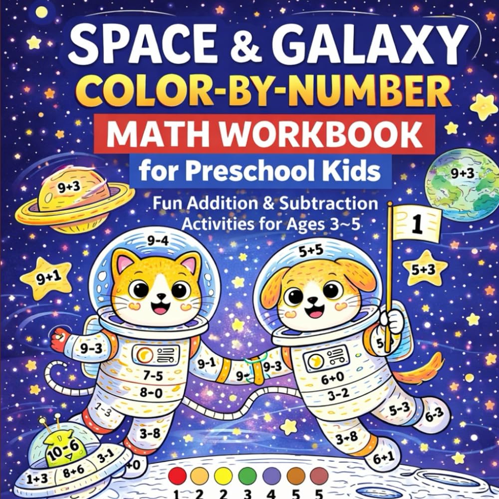 Space & Galaxy Color-By-Number Math Workbook for Preschool Kids: Fun Addition & Subtraction Activities for Ages 3–5