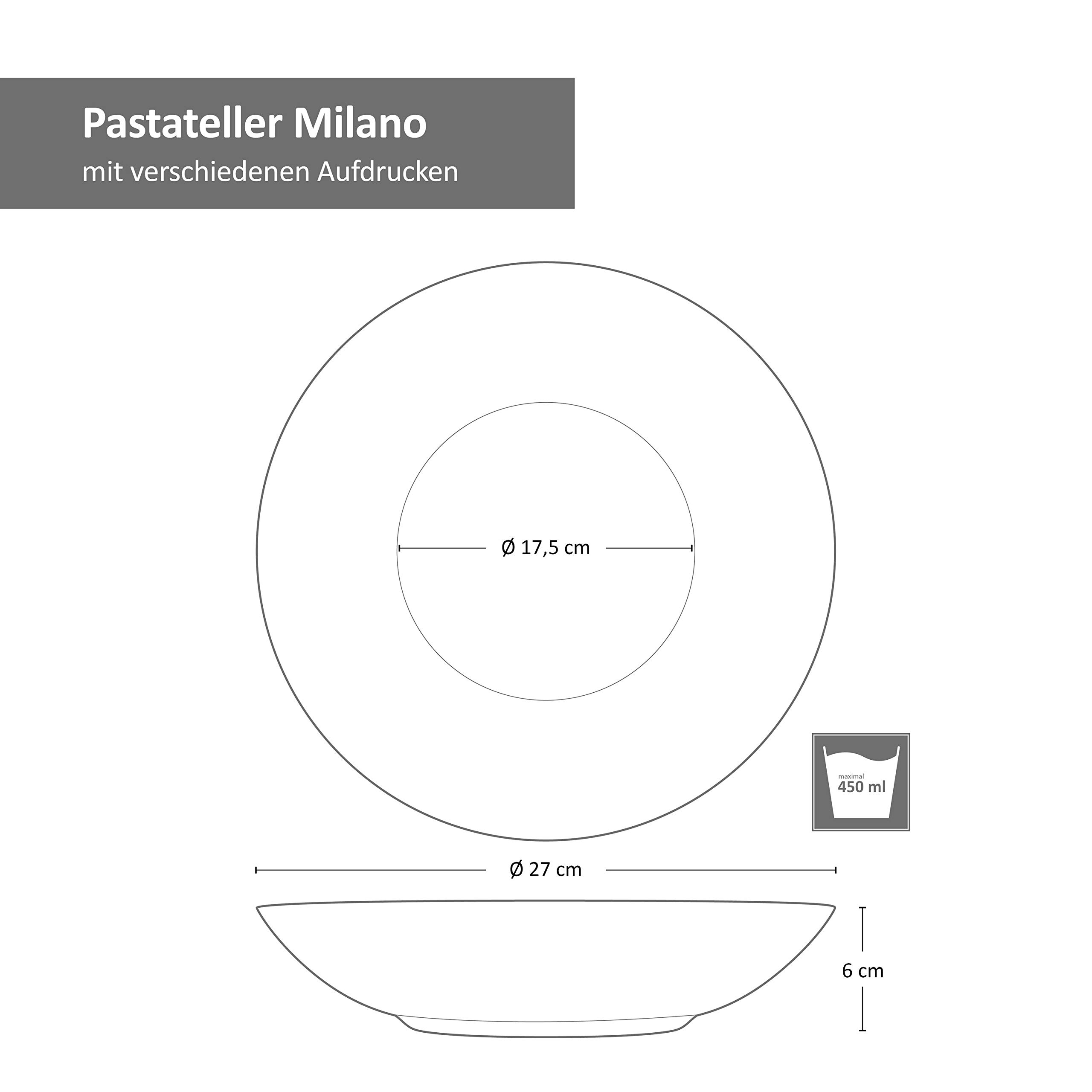 VAN WELL Milano - Juego de 6 Platos para Pasta (27 cm de diámetro, Platos hondos de Porcelana, vajilla gastronómica, Pasta y Pasta, Espaguetis, fusilli, macarónica, pene, Ravioli)