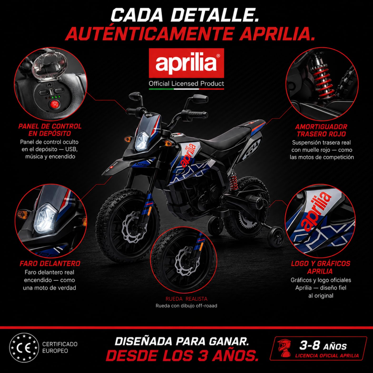 Moto elettrica per bambini 12 V Aprilia RX 125 Cross a batteria per bambini blu con sospensione posteriore luci LED e musica