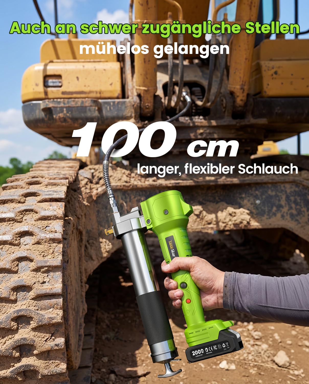 TaskStar Akku Fettpresse, [Super Effizient] Elektrische Fettpresse Kit mit 2 Batterien und Ladegerät, 39,4” Schlauch und Fettpresse Mundstück, 10000 PSI Fettpresse mit Super Helles LED-Licht, Grün