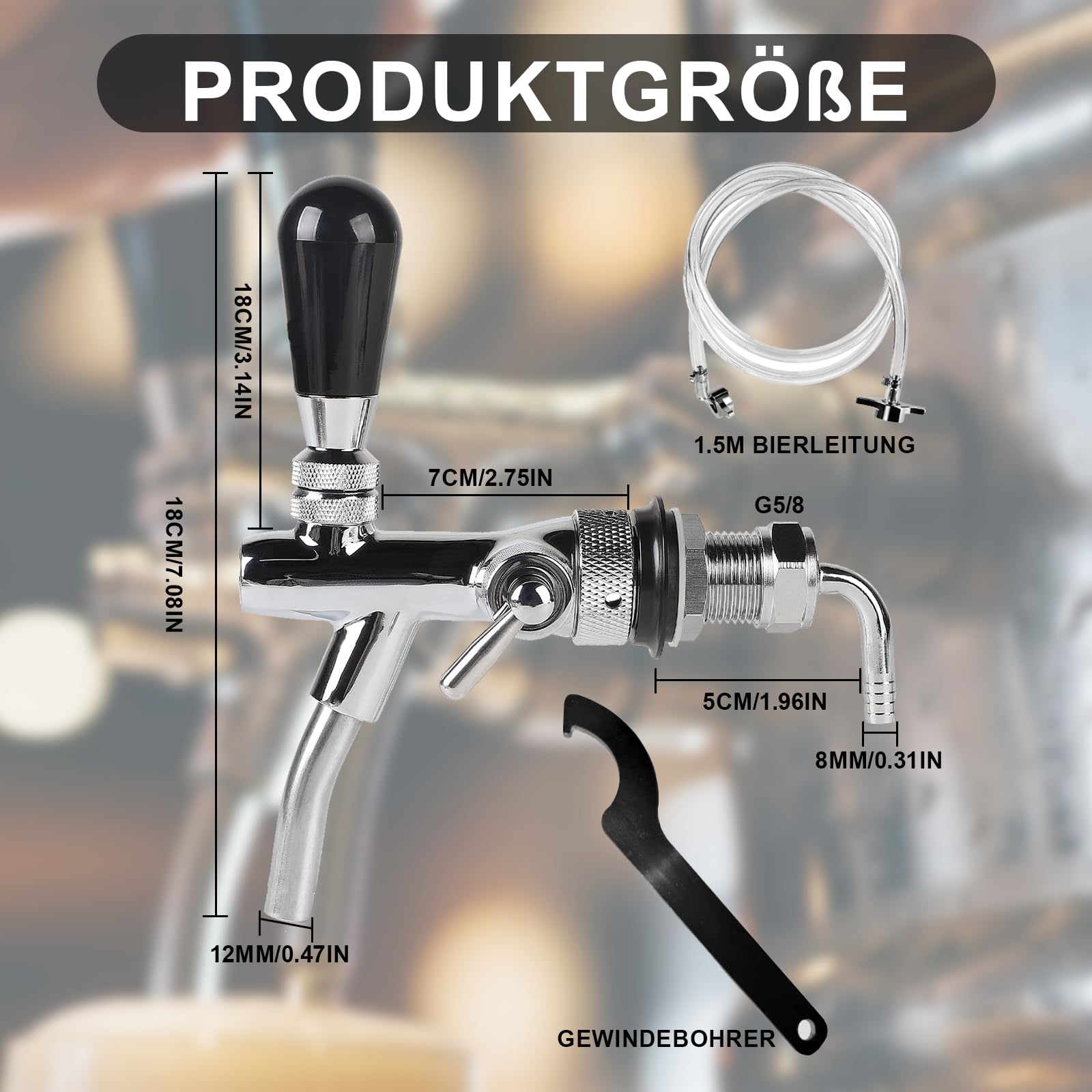 Einstellbarer Bierhahn G5/8, Bierzapfhahn Chrome Bier Zapfhahn, Bierhahn Langschaft Edelstahl für Hause Bier Bar Restaurants Spender Weinwerkzeuge Home Brewing Zubehör
