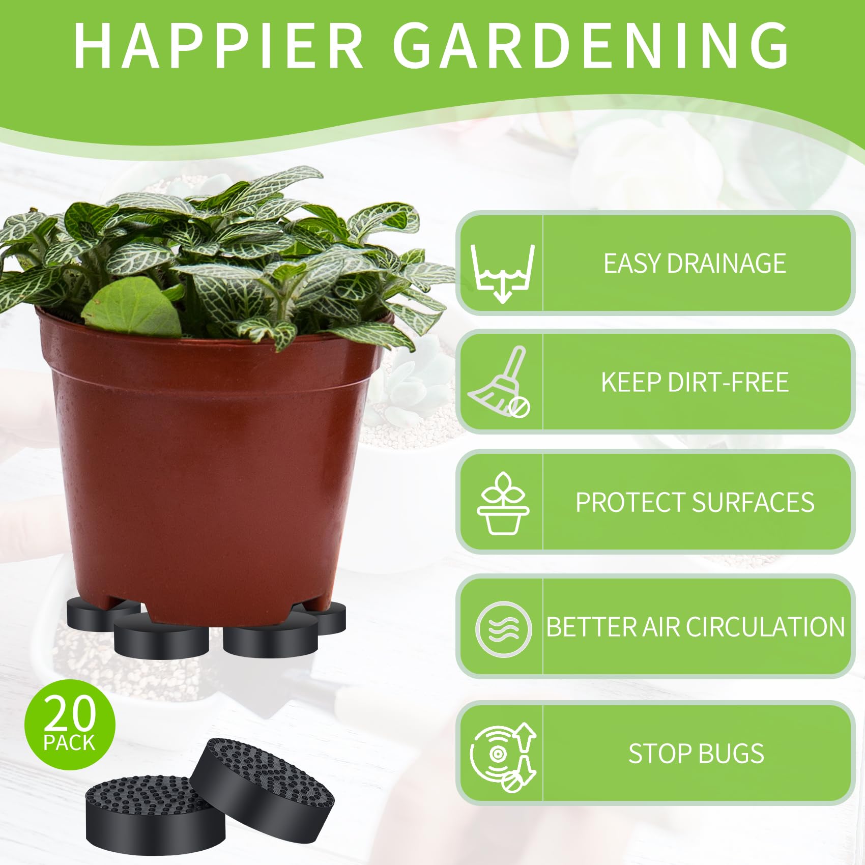 Mario10 PAKKET VAN 24 Onzichtbare potvoeten voor plantenpotten en bloemen voor buiten en binnen, massief rubberen potvoeten met verbeterde antislip oppervlaktegrip, 24 stuks