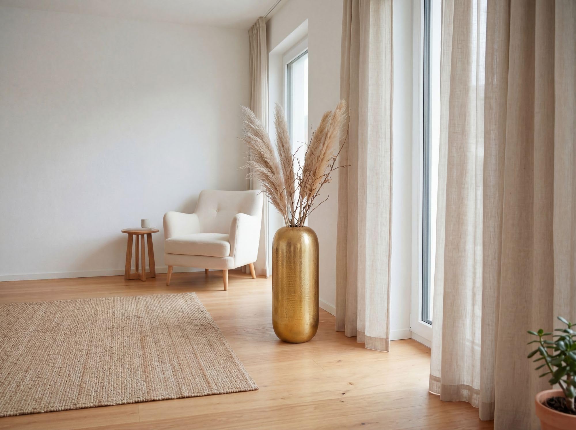FineBuy Bodenvase 60 cm Aluminium Gold Rund, Standvase | große Dekovase mit gehämmerter Oberfläche, Blumenvase handgefertigt, Wohndeko für Wohnzimmer und Flur