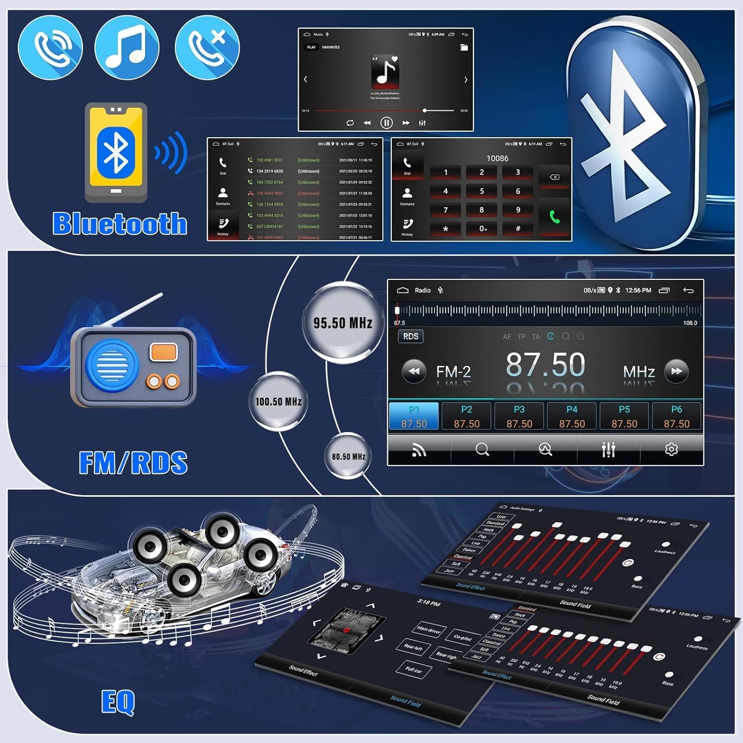 Screenshots showing Bluetooth calling, FM radio with RDS, and Equalizer settings.