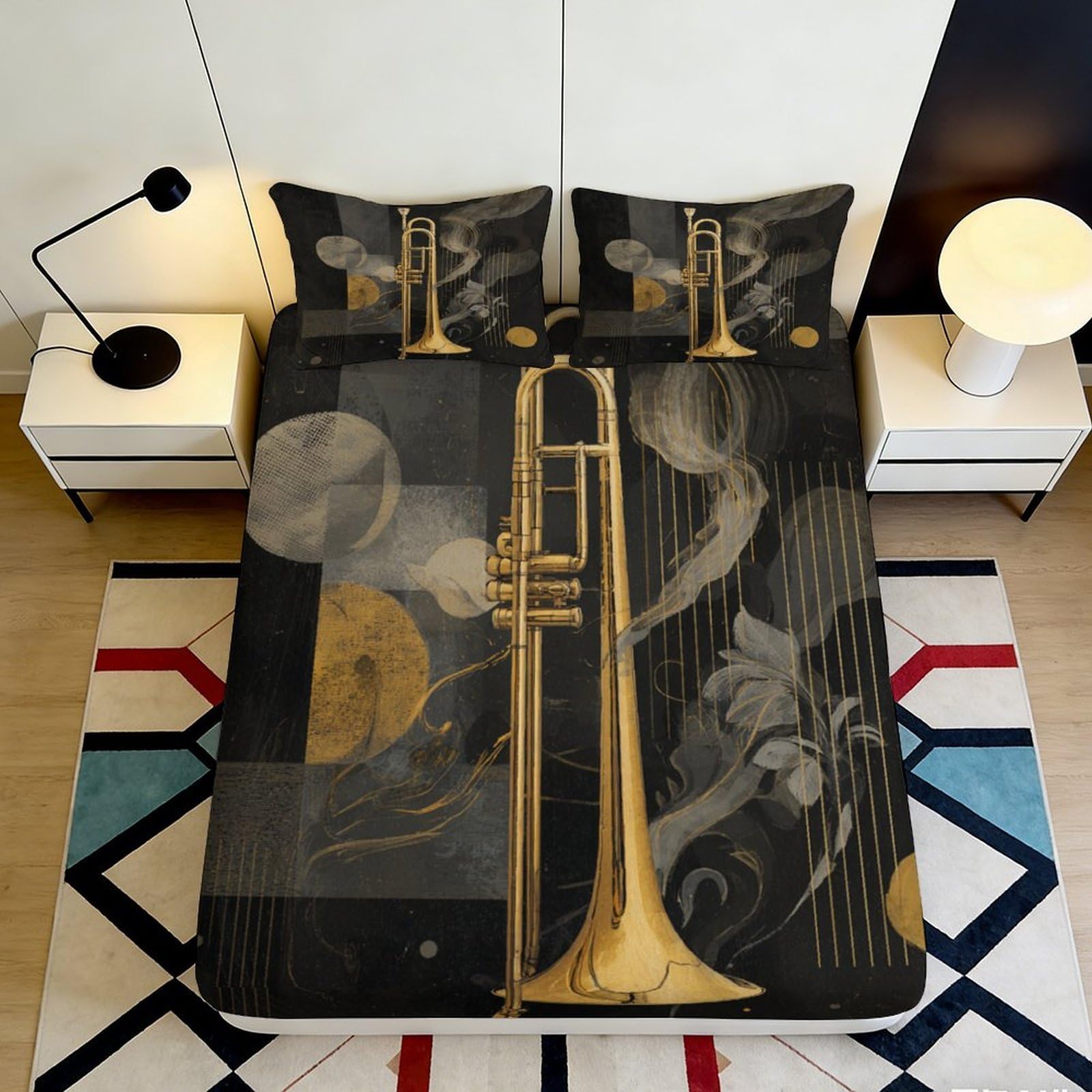 3D Printed Jazz Trumpet Fitted Sheet Microfiber Black Gold Musical Notes Mattress Cover for Bedroom Dorm Easy Care 90x200x25cm