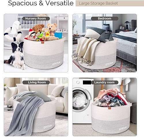 Miniatura 6 de Cesta de lavandería extragrande de 22 x 22 x 14 pulgadas, cesta tejida de cuerda de algodón XXXL para mantas, cesta de almacenamiento con asas para