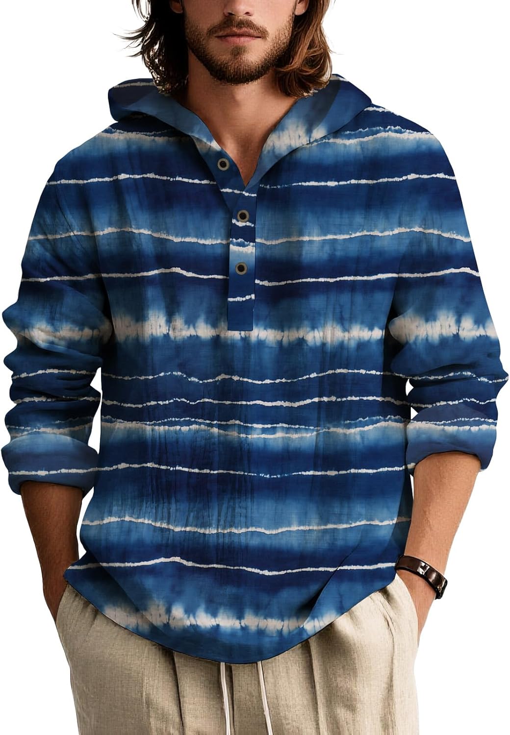 Mens Tie Dye Hooded Long Sleeve Shirt Lightweight Pullover Button Placket Casual To...