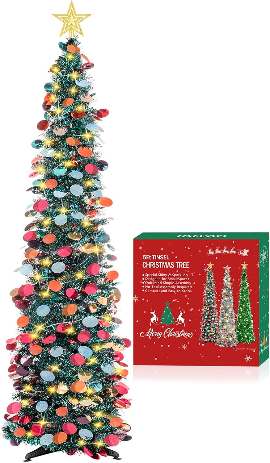 HMASYO 5 Foot Tinsel Christmas Tree with 50 LED Colorful Lights