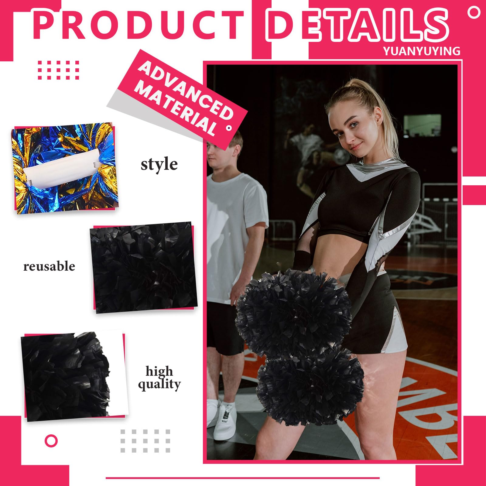 Cheer Pompony z uchwytem, ręczne pompony drużyny cheerleaderek, do drużyny sportowej, gry ducha, na imprezę taneczną, dla dorosłych, czarne, 10 szt