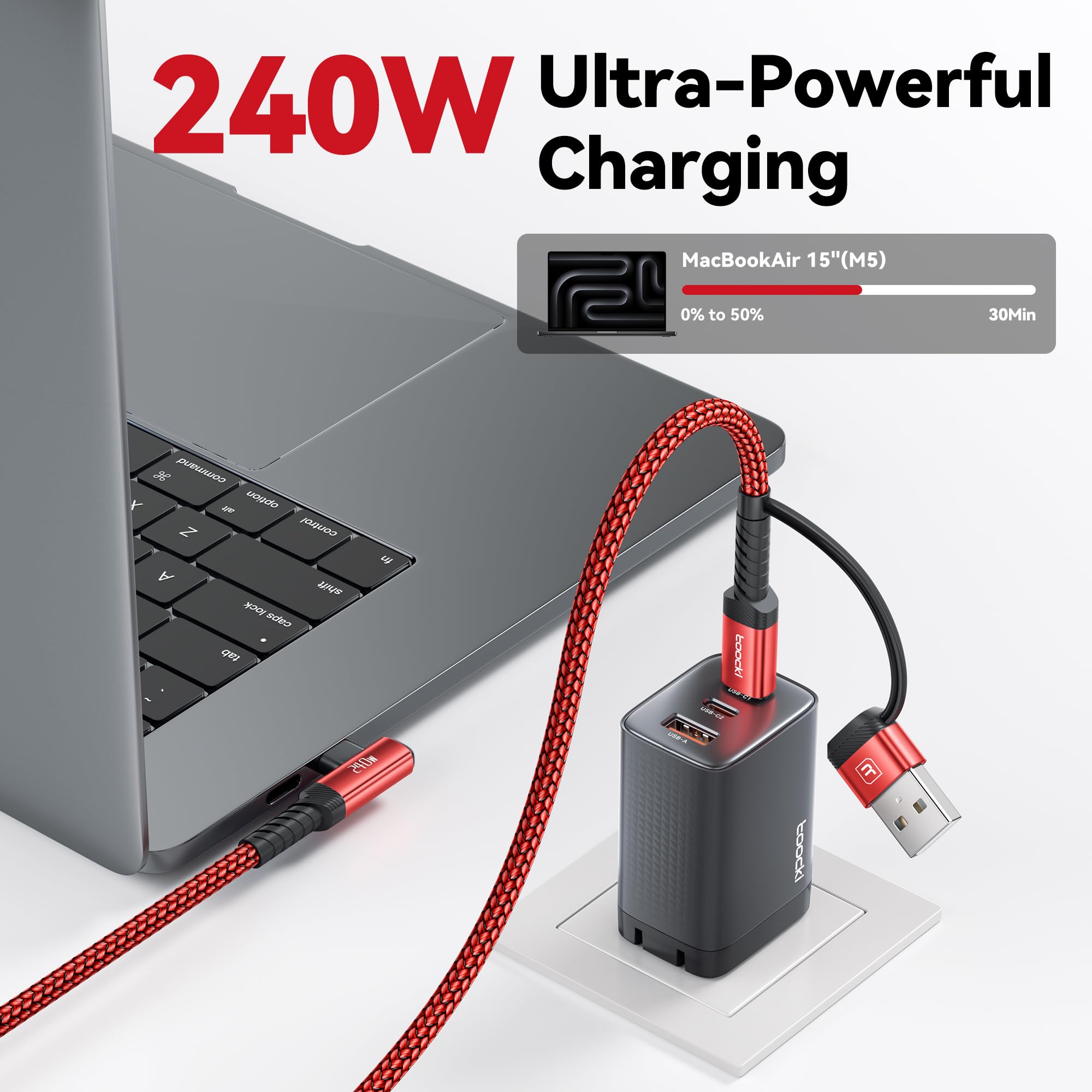 toocki Cavo da USB C a USB C da 240 W, 3,1 m, confezione da 2, cavo di ricarica 2 in 1 da USB A/C a tipo C, ad angolo retto PD 3.1, ricarica rapida per iPhone 17, 16, 15 Pro Max, MacBook Pro, iPad
