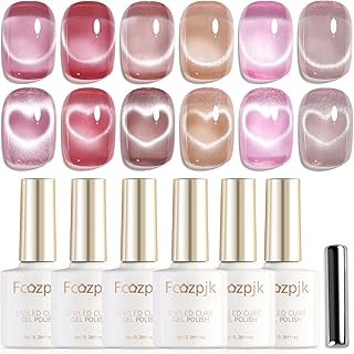 Fcozpjk Cat Eye Gel Nail Polish Set with Magnet Stick, 6 Colors Sheer Jelly Red Nude Pink Brown Gold Glassy Cateye Effect Magnetic Gel Polish Translucent Gels Manicure Salon Supplies Women Gift 8ML
