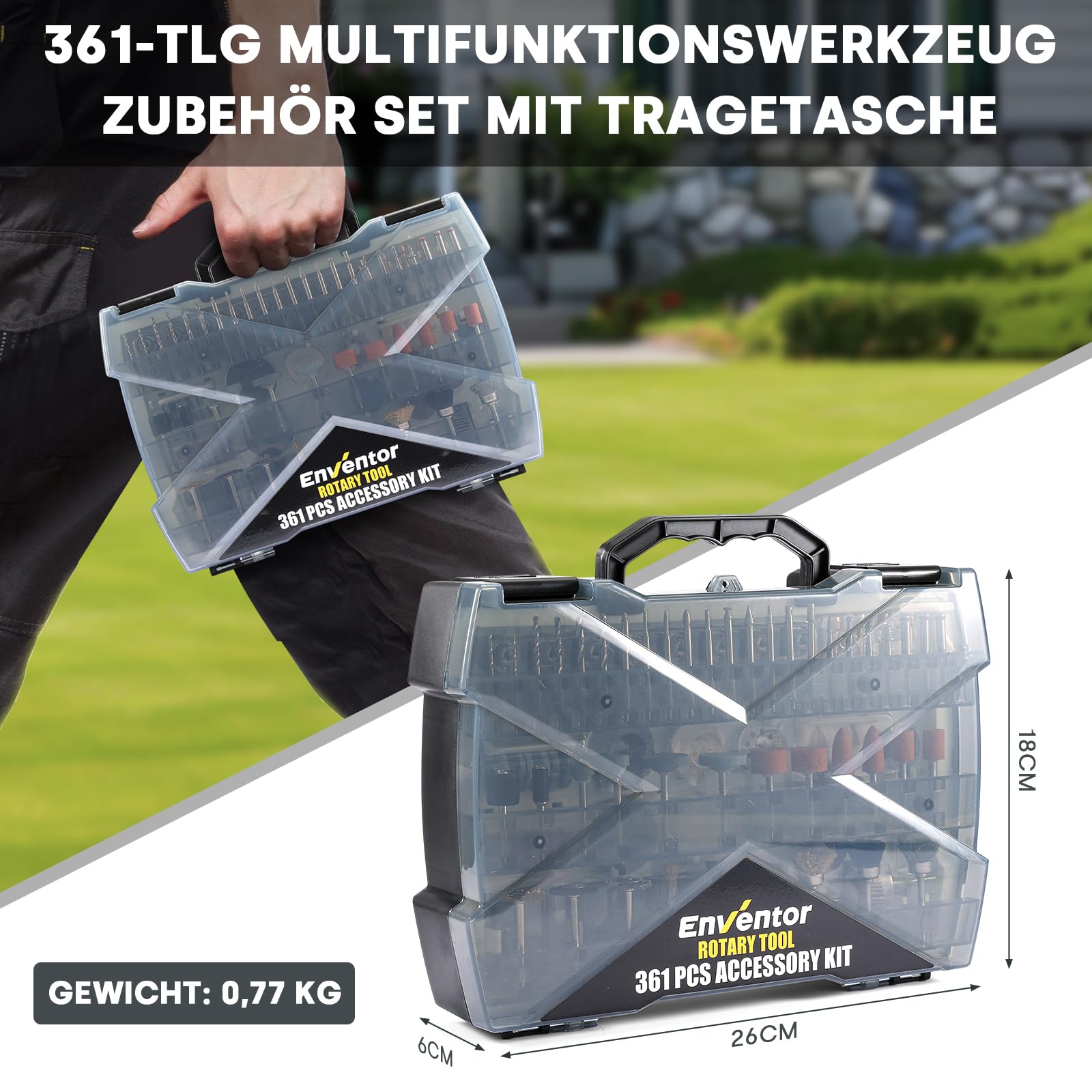 Enventor Multifunktionswerkzeug Zubehör Set, 361-tlg Universelles Rotationswerkzeugset zum Schnitzen, Schleifen, Polieren, Schneiden, Bohren, mit Tragekoffer
