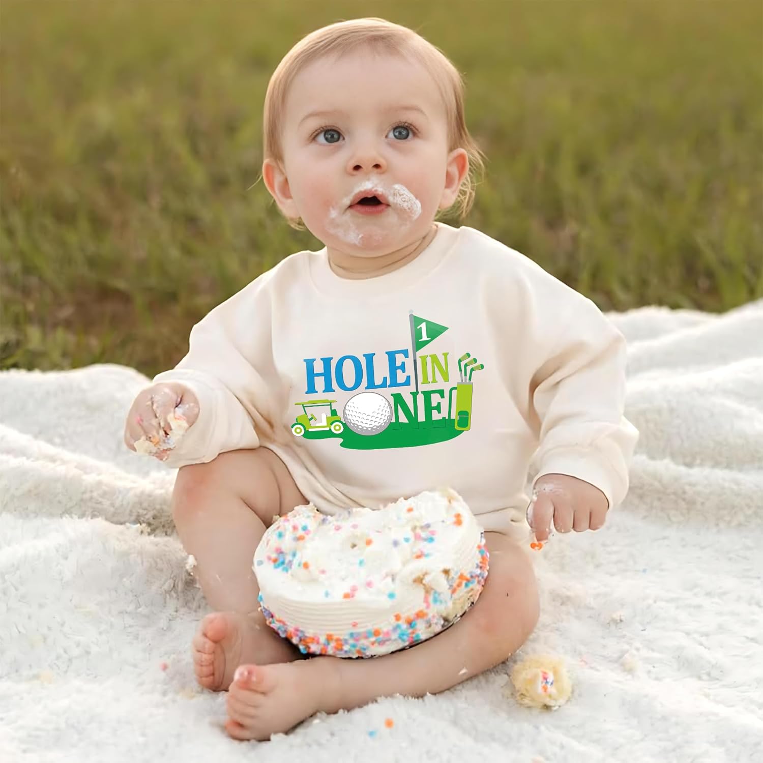Personalized Hole In One Sweatshirt Romper, Hole In One Birthday Outfit, Baby Boy Golf Outfit, Golf Onesie - Image 2