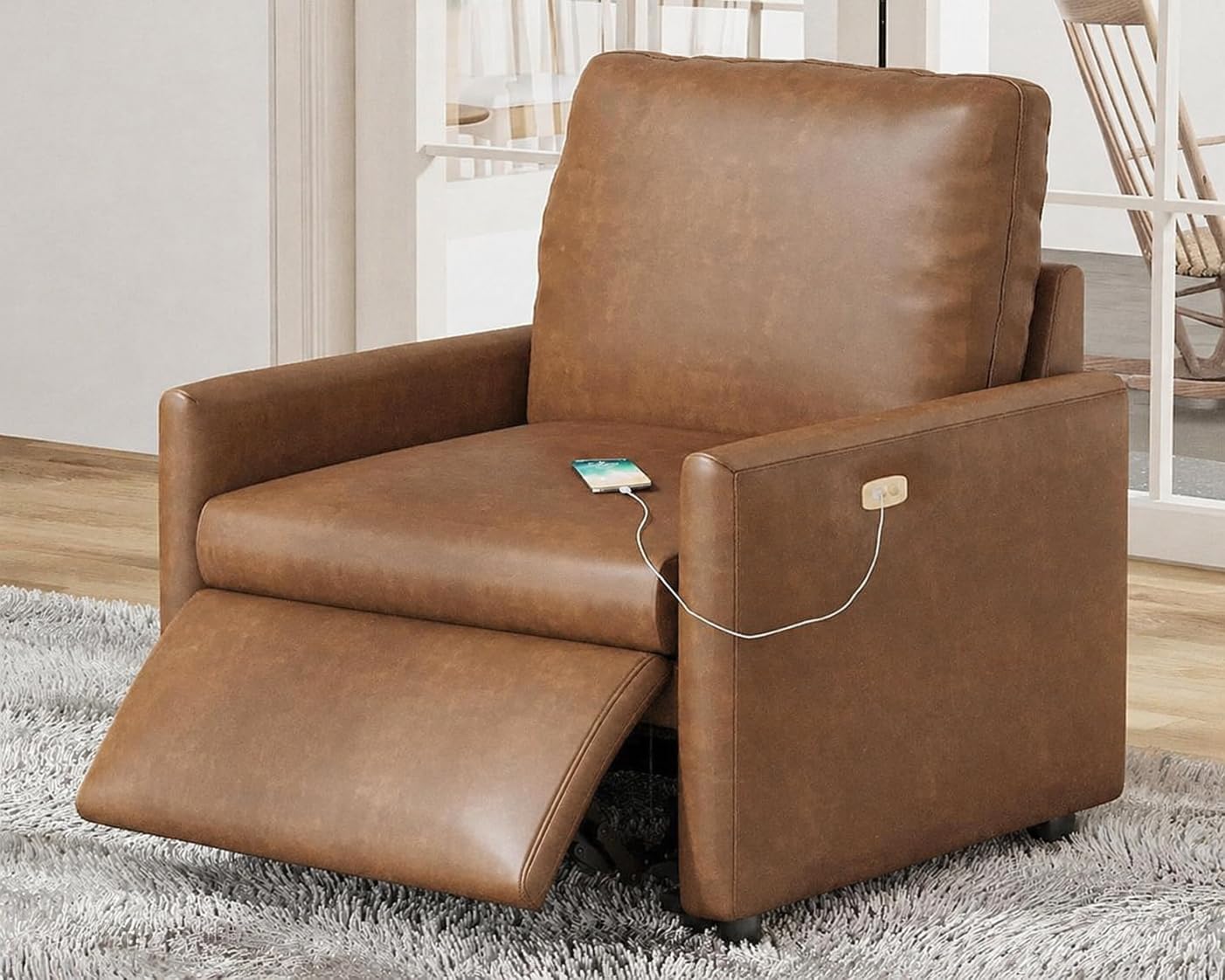 AMERLIFE 36.5” Power Recliner Chair, Single Electric Reclining Sofa with USB Charging Port, Leather Recliner for Living Room, Brown