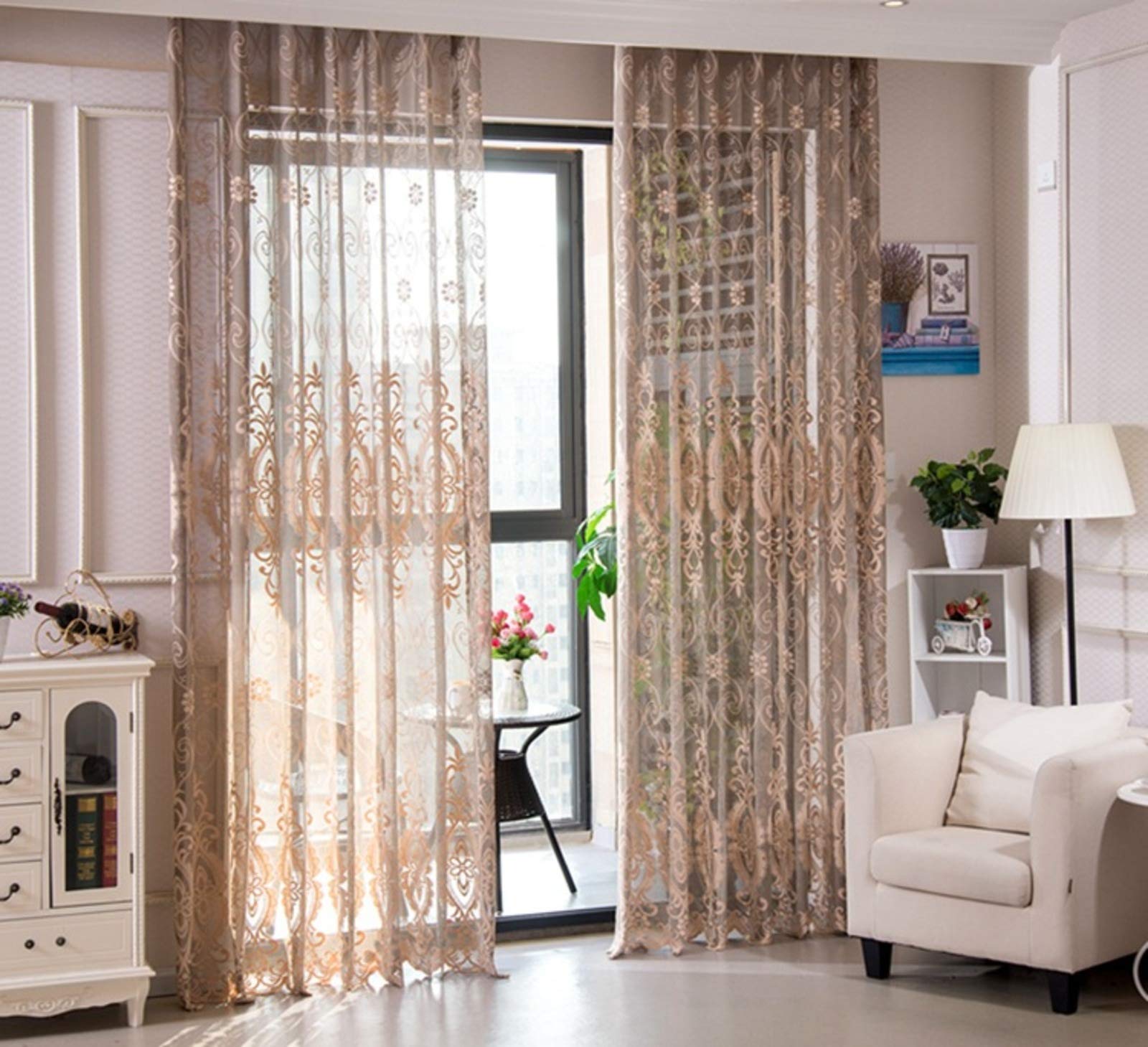 Eleganckie bawełniane zasłony żeglarskie, dekoracyjne zasłony tiulowe, salon, sypialnia, balkon, żakardowe, przezroczyste zasłony, przelotki, kolor curry, 350 x 270 cm, 1 szt