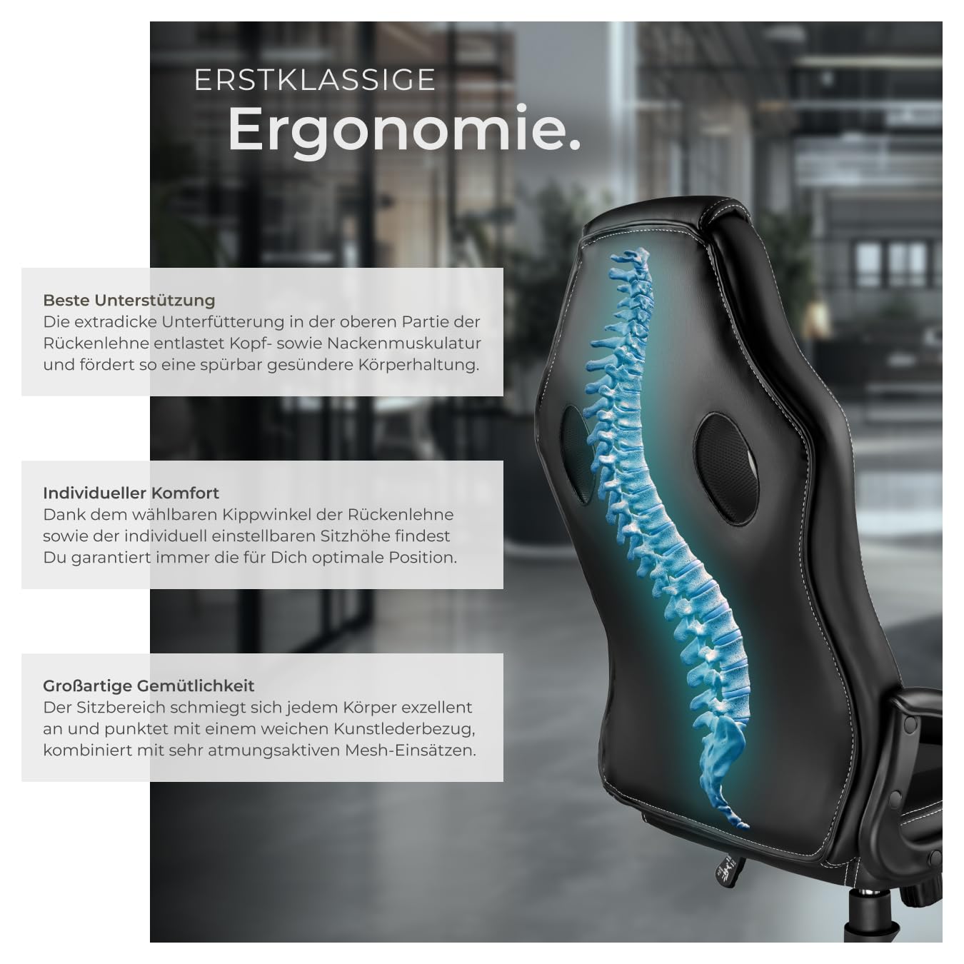 tectake Bürostuhl ergonomisch, Schreibtischstuhl für Home Office, Büro oder Wohnzimmer, Gaming Stuhl mit Schalensitz und ergonomischem Design, Diverse Farben - schwarz